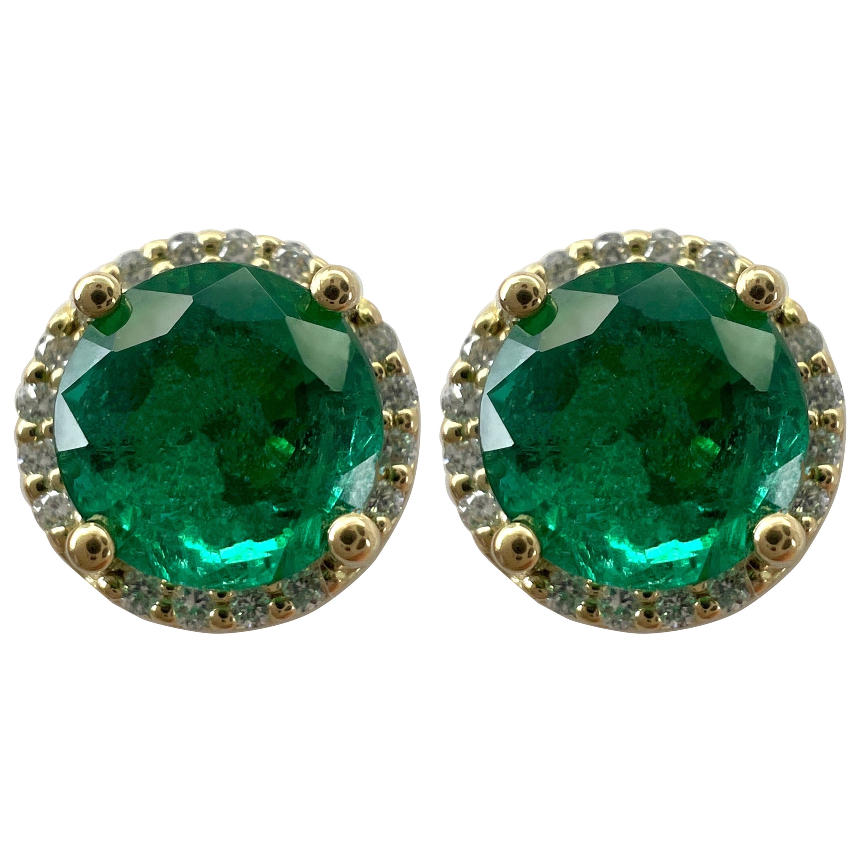 1,59 Karat Vivid Grüner Smaragd Diamant Rundschliff 18k Gelbgold Halo-Ohrstecker