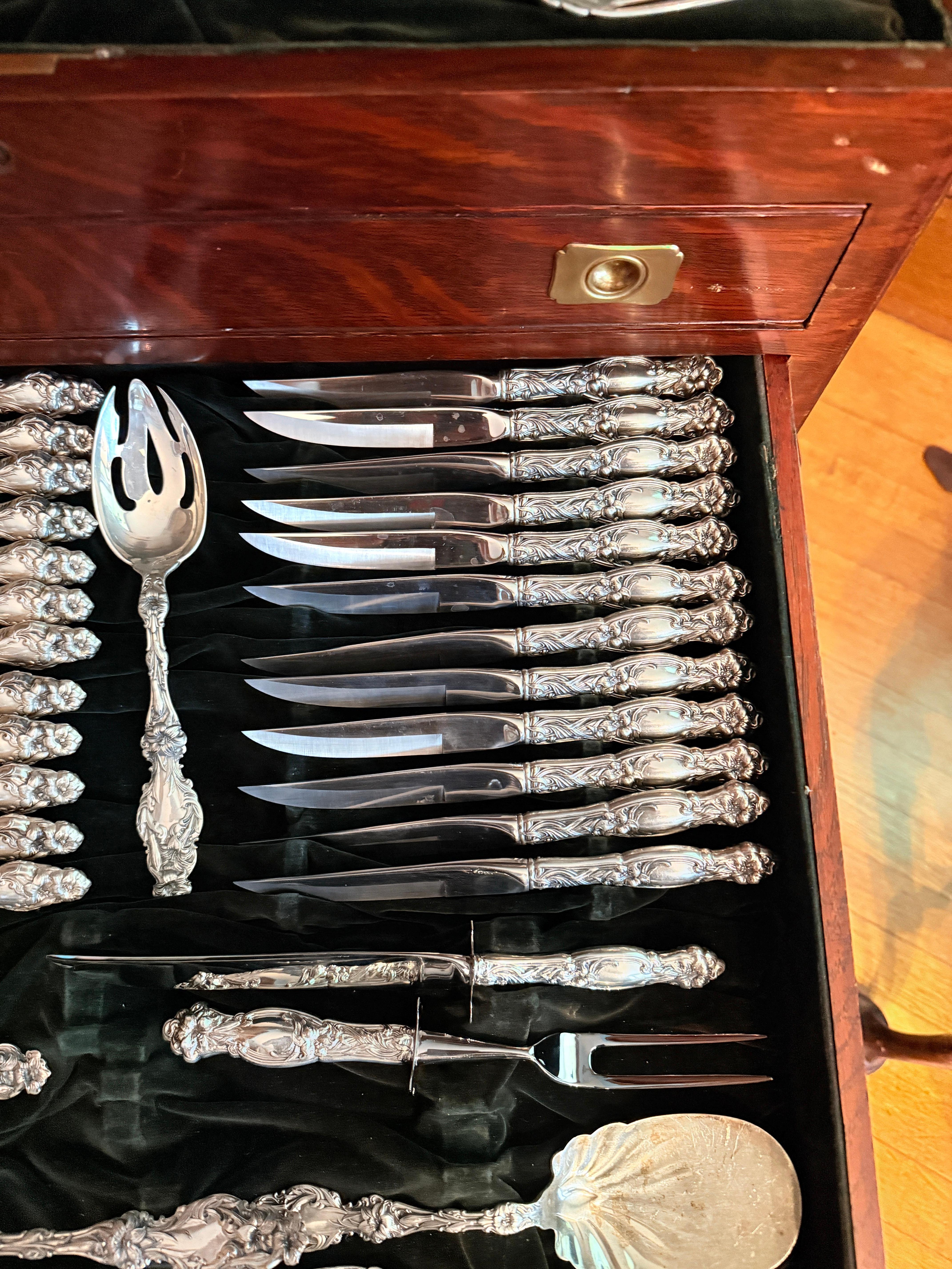 159 Pc, “Lily” Pattern Sterling Silver Flatware Service 5 Pc Setting for 18 For Sale 9