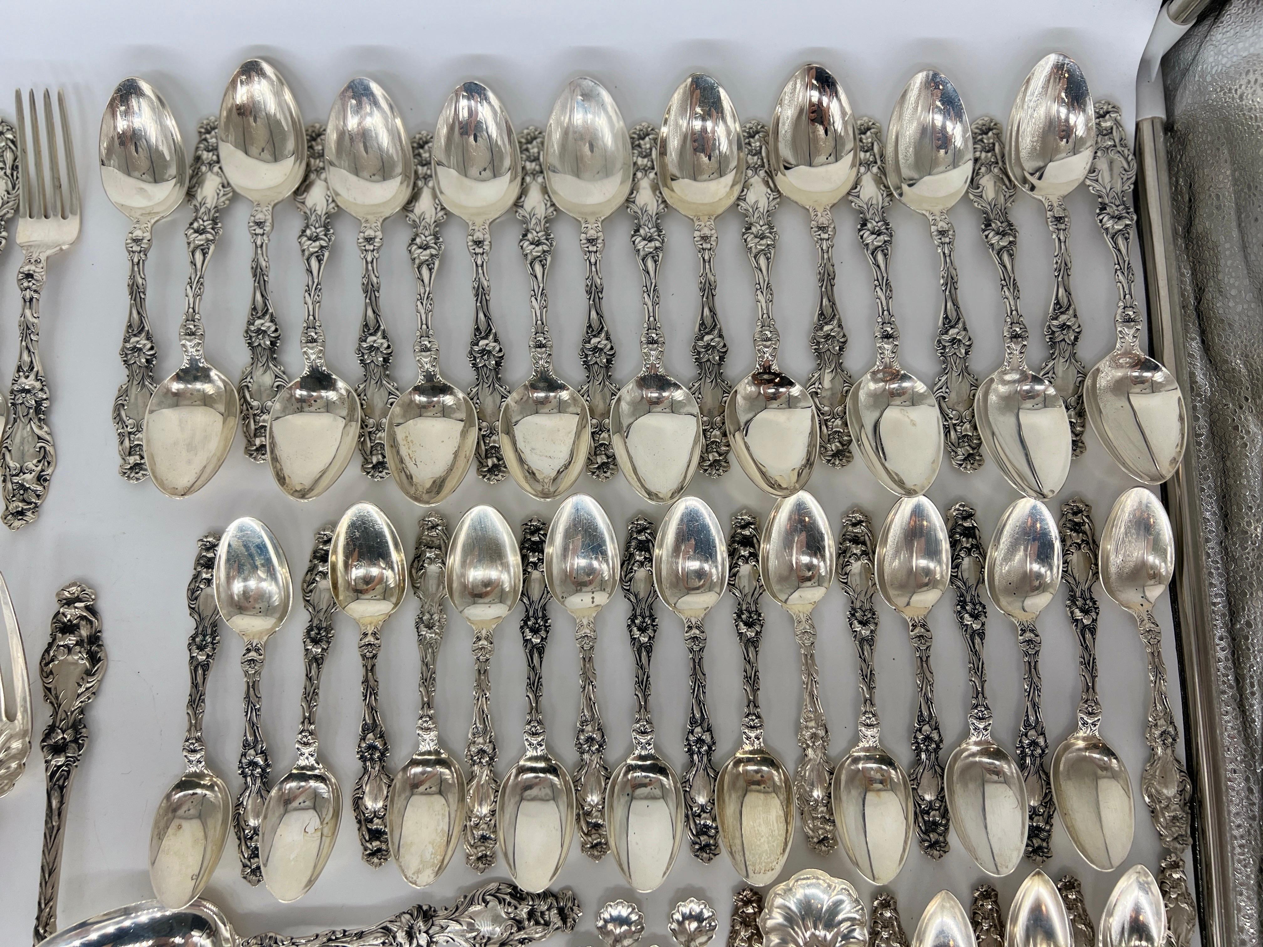 Art Nouveau 161 Pc, “Lily” Whiting Sterling Silver Flatware Service 5 Place Setting for 18 For Sale