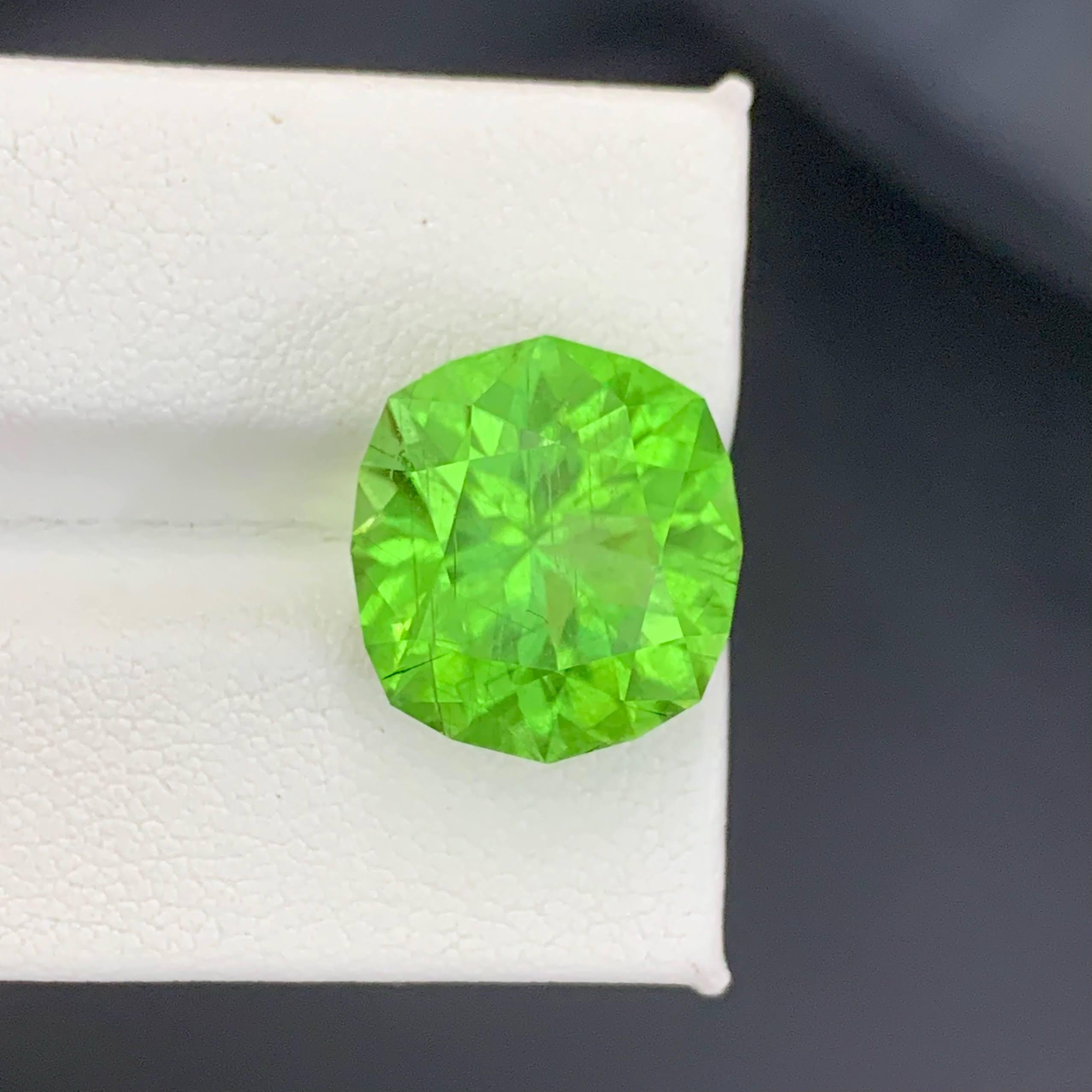 Weight 15.90 carat 
Dimensions 15.3x14.0x10.0mm
Treatment None 
Origin Pakistan 
Clarity VVS 
Shape Cut Cushion Precision 




This exceptional 15.90 carat natural Peridot showcases a vibrant green hue enriched by rare and visually striking rutile