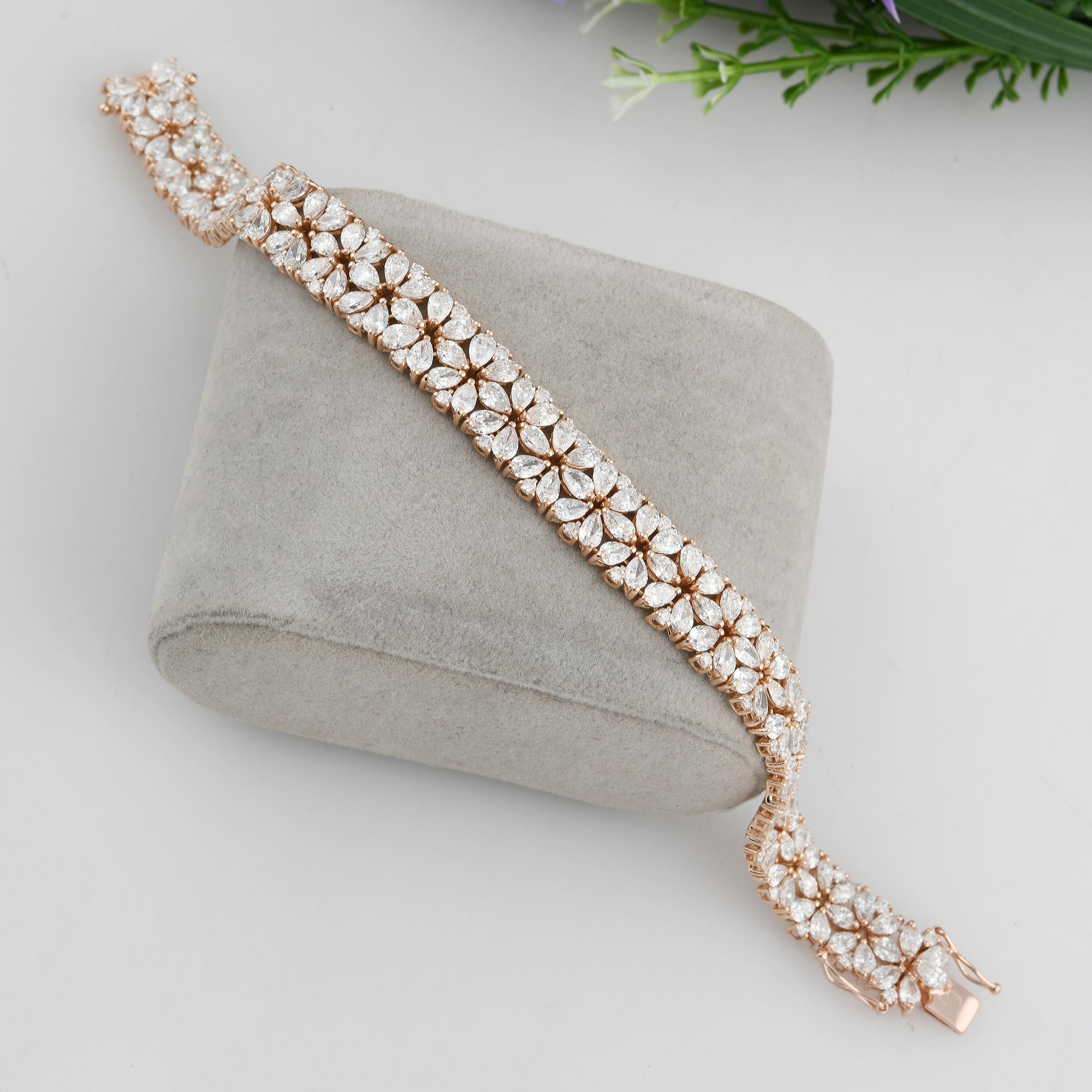 Modern 15.90 Carat Pear & Round Diamond Bracelet 18 Karat Rose Gold Handmade Jewelry For Sale