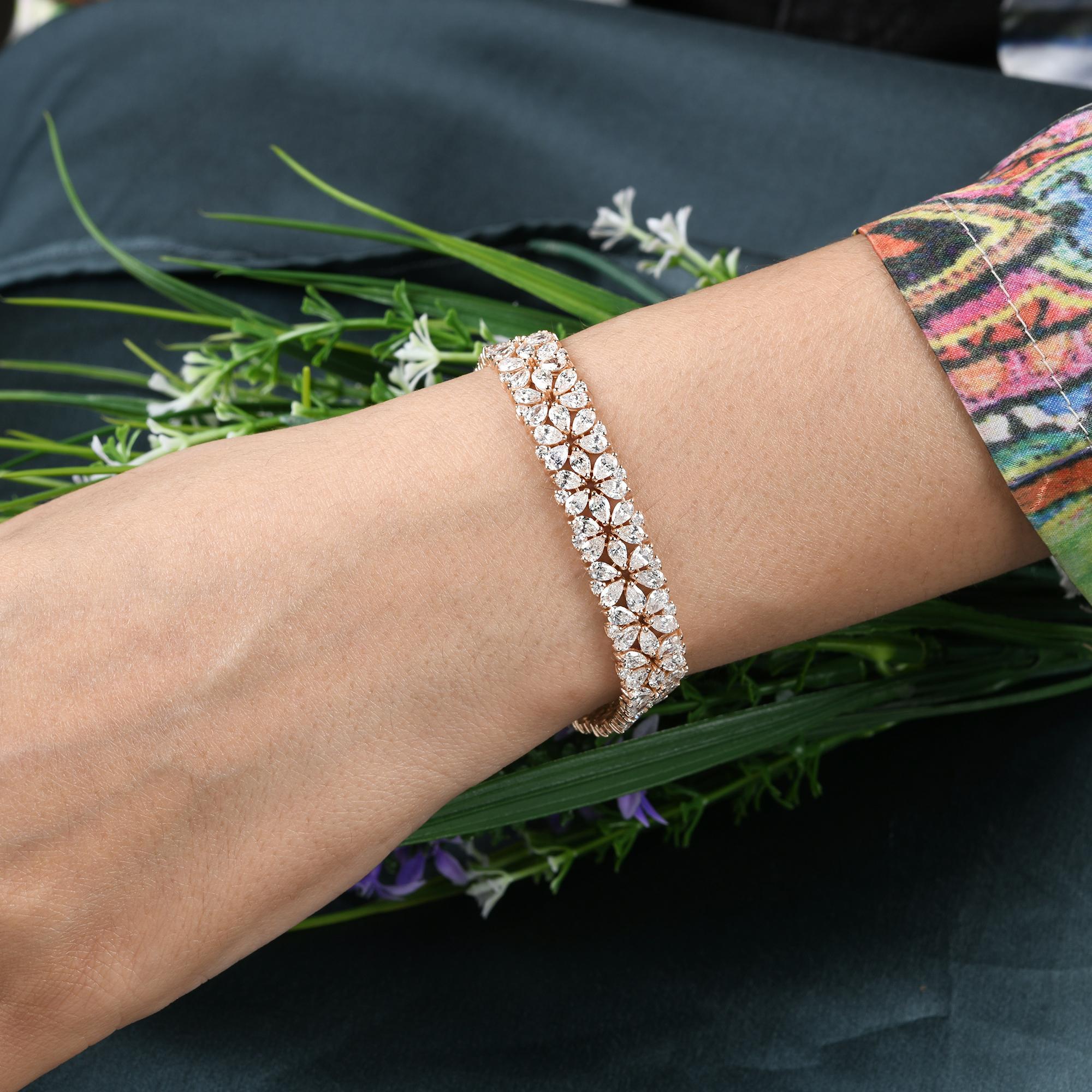Pear Cut 15.90 Carat Pear & Round Diamond Bracelet 18 Karat Rose Gold Handmade Jewelry For Sale