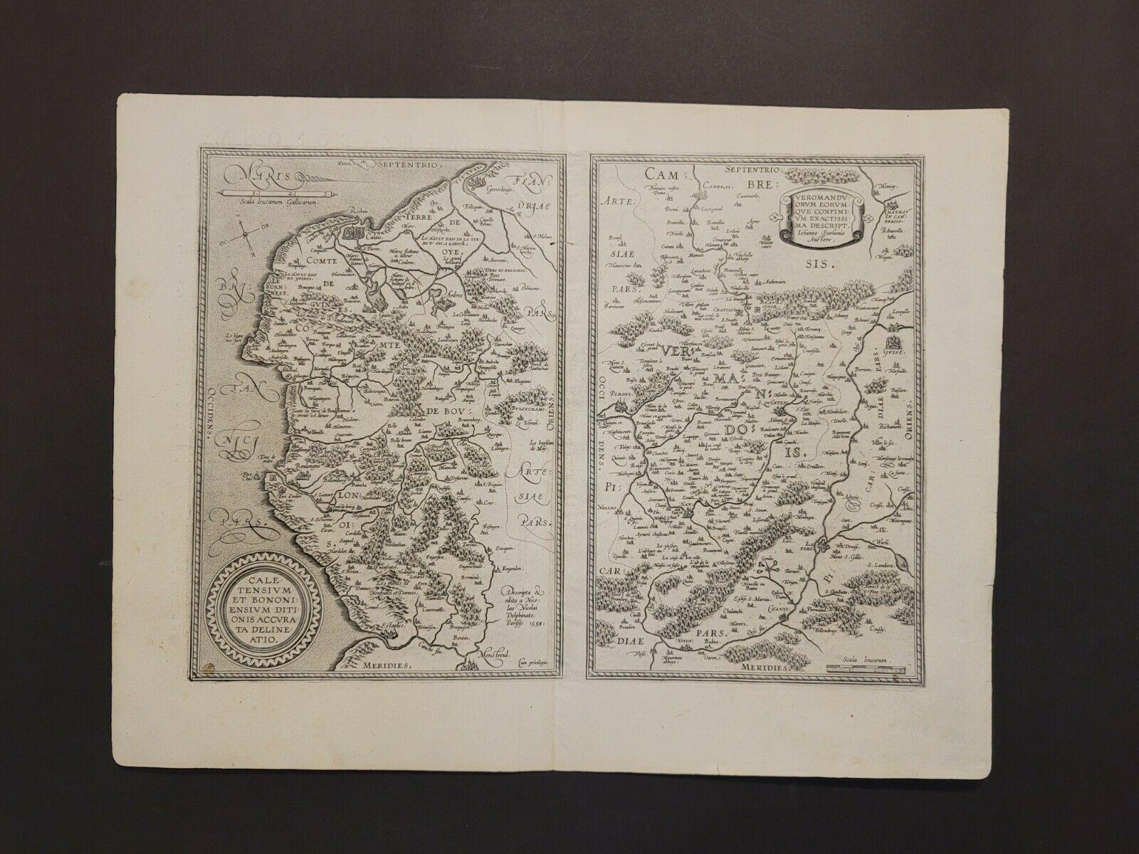 1590 Ortelius map of 
Calais and Vermandois, France and Vicinity 
Ric.a014

Two rare regional Abraham Ortelius maps on a single folio sheet. Left map, entitled Caletensium, depicts the French and Belgian coastline from Estables to Calais.