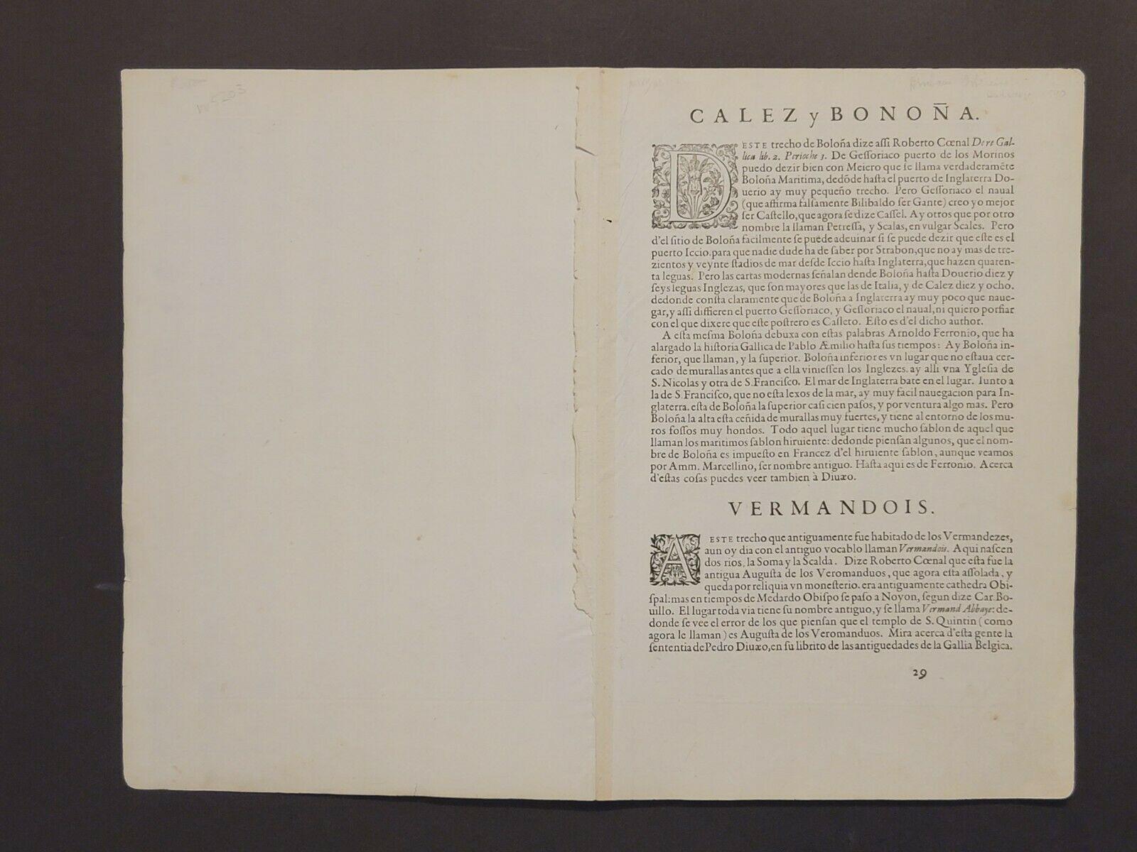 1590 Ortelius Carte de Calais et du Vermandois, France et environs Ric.a014 Bon état - En vente à Norton, MA