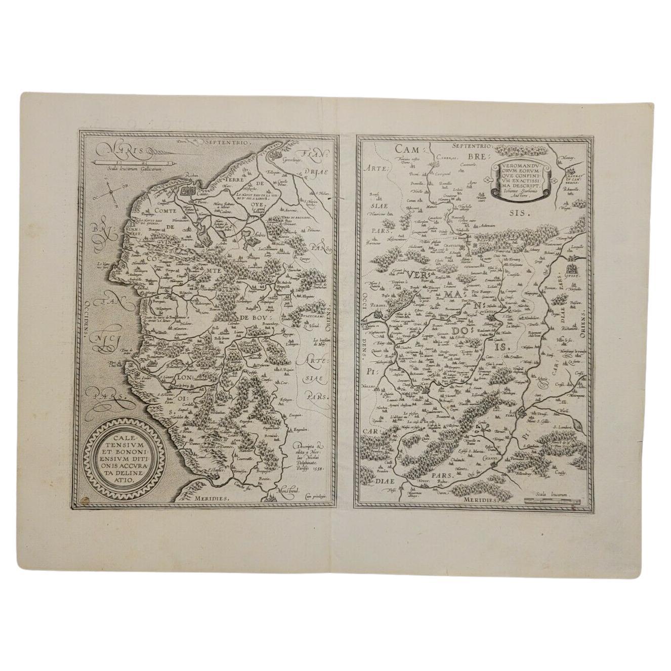 1590 Ortelius Carte de Calais et du Vermandois, France et environs Ric.a014 en vente