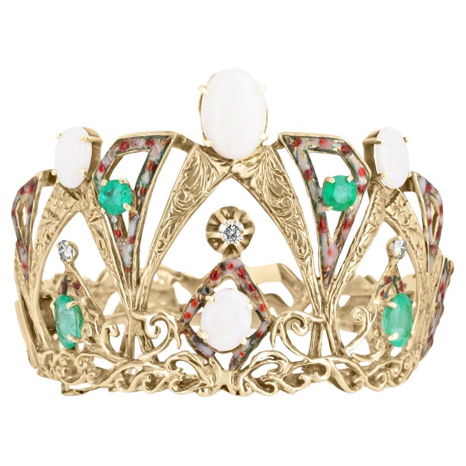 15.90tcw Opal Emerald & Diamond Bracelet 14K Gold Bangle Queen Emerald Jewelry