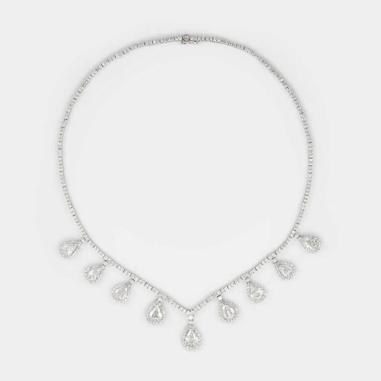 Contemporary 15.91 Carat Old Pear Cut Diamond Dangling Necklace 18 Karat White Gold For Sale