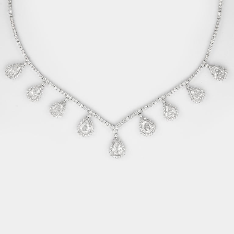 15.91 Carat Old Pear Cut Diamond Dangling Necklace 18 Karat White Gold In New Condition For Sale In BEVERLY HILLS, CA