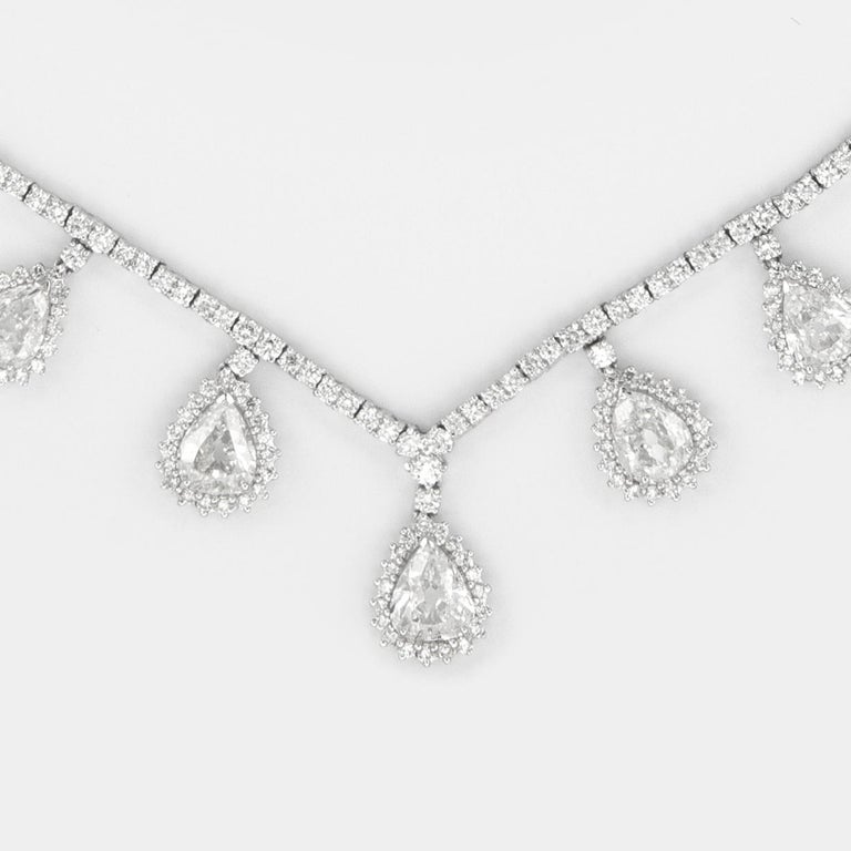 Women's 15.91 Carat Old Pear Cut Diamond Dangling Necklace 18 Karat White Gold For Sale