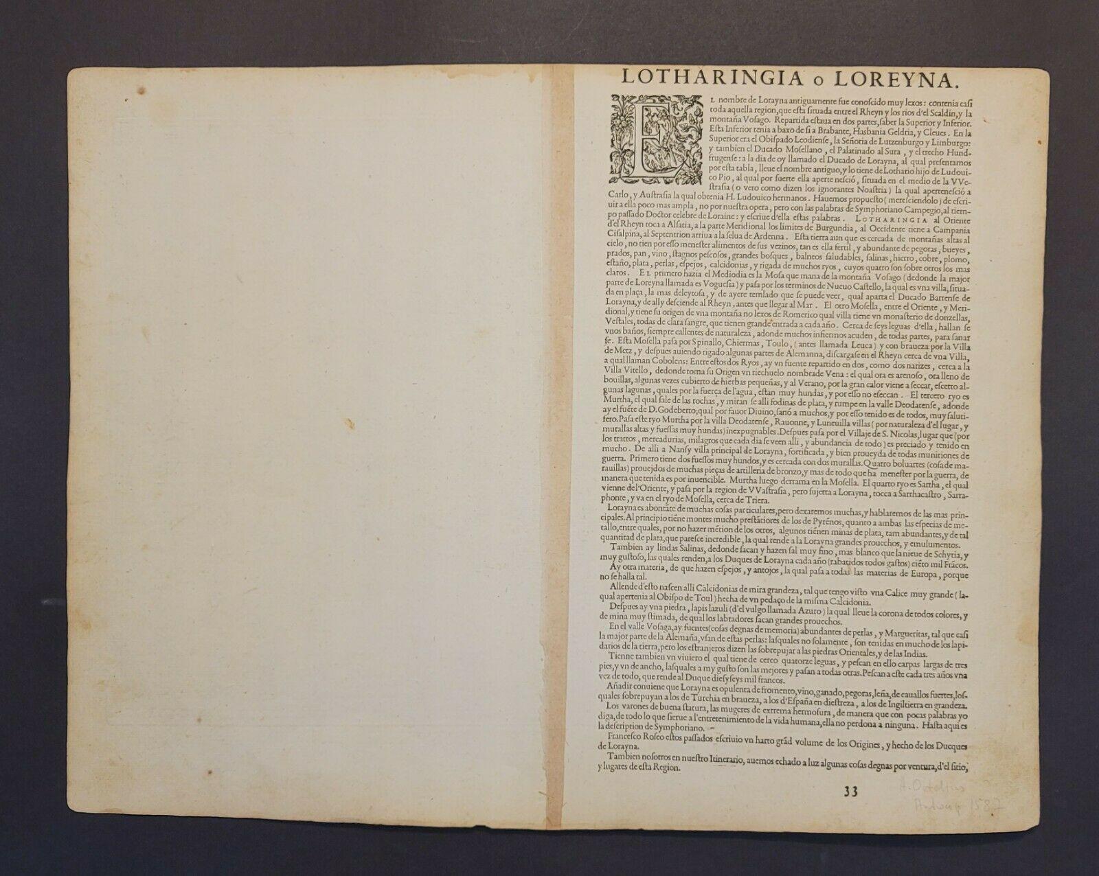 Papier Carte de 1592 Abraham Ortelius «orraine : Lotharingiae Nova Descripti, Ric.A005 » en vente