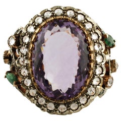 15.92 Carat Amethyst, 3.15 Carat White Sapphires and Emeralds Gold Silver Ring
