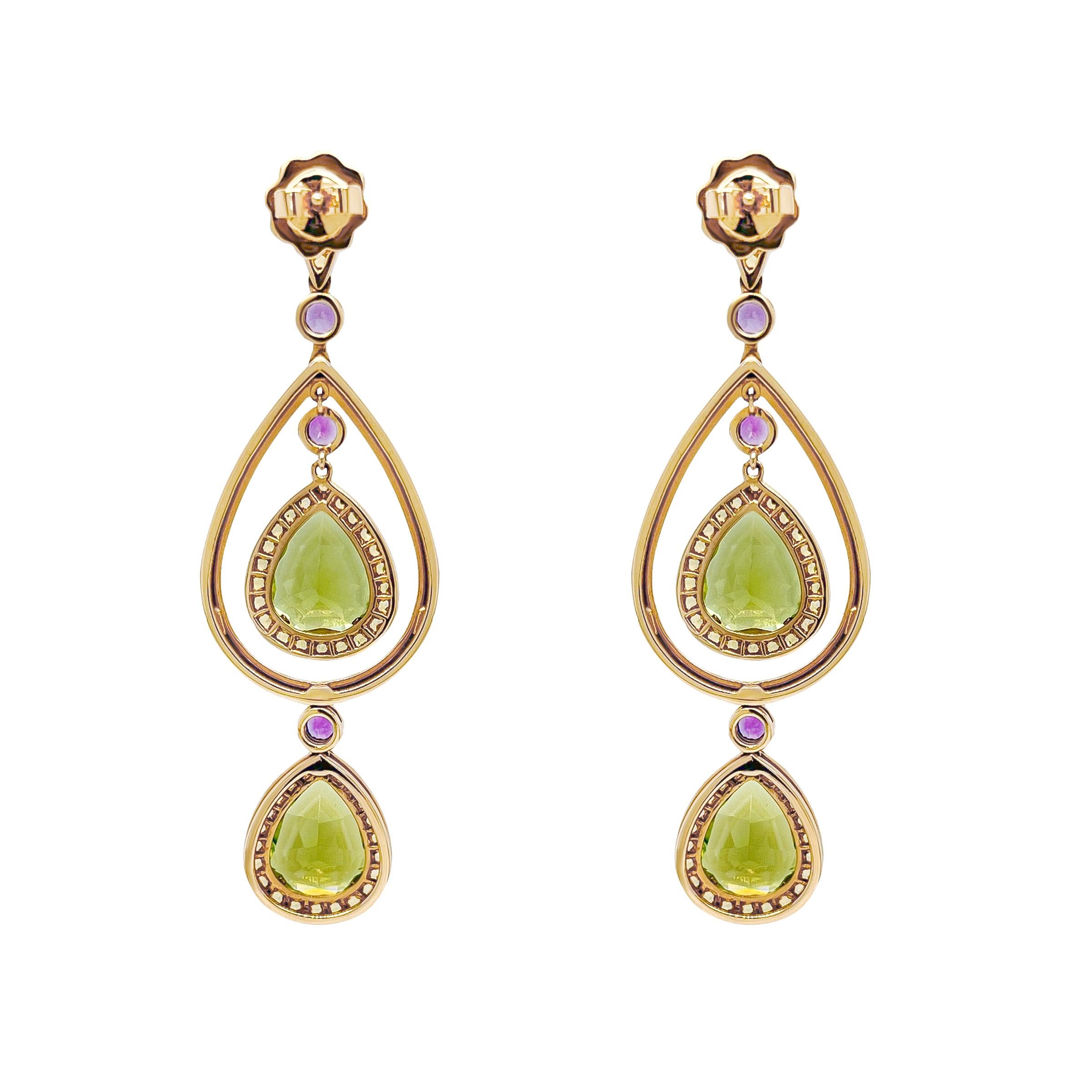 Finely cut and exquisite color peridot totalling 15.92 carats with exquiste colour is the centrepiece of these earrings. Created for movement, this pair of earrings are made in 18k yellow gold and are accented with natural pave yellow sapphire and