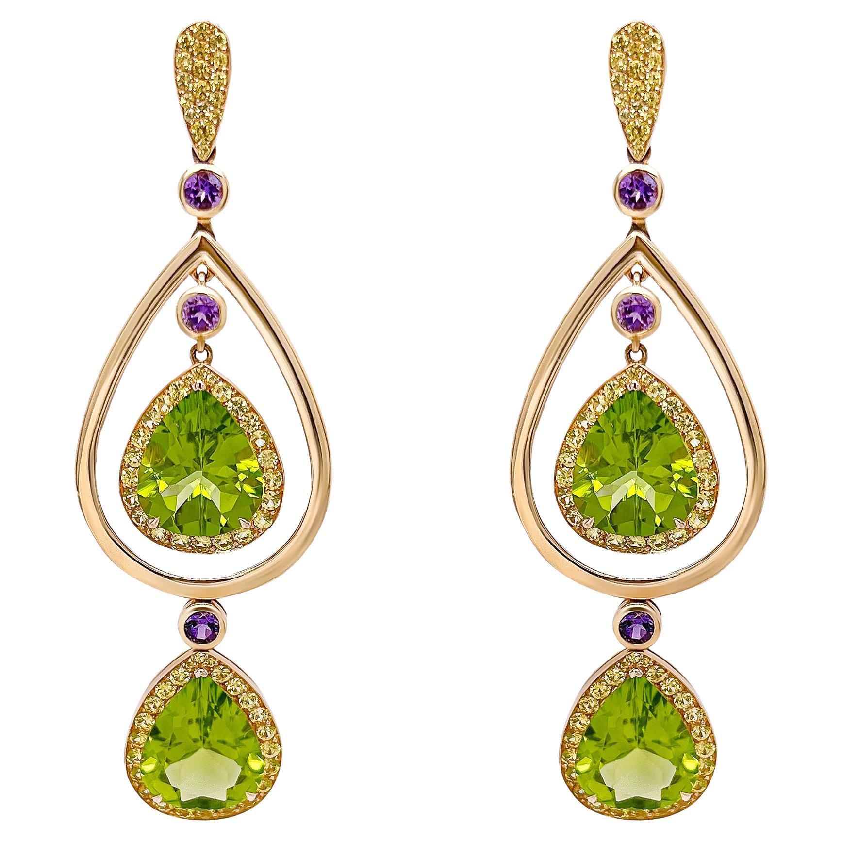 Boucles d'oreilles en or 18 carats avec péridot de 15,92 carats, saphir jaune et améthyste