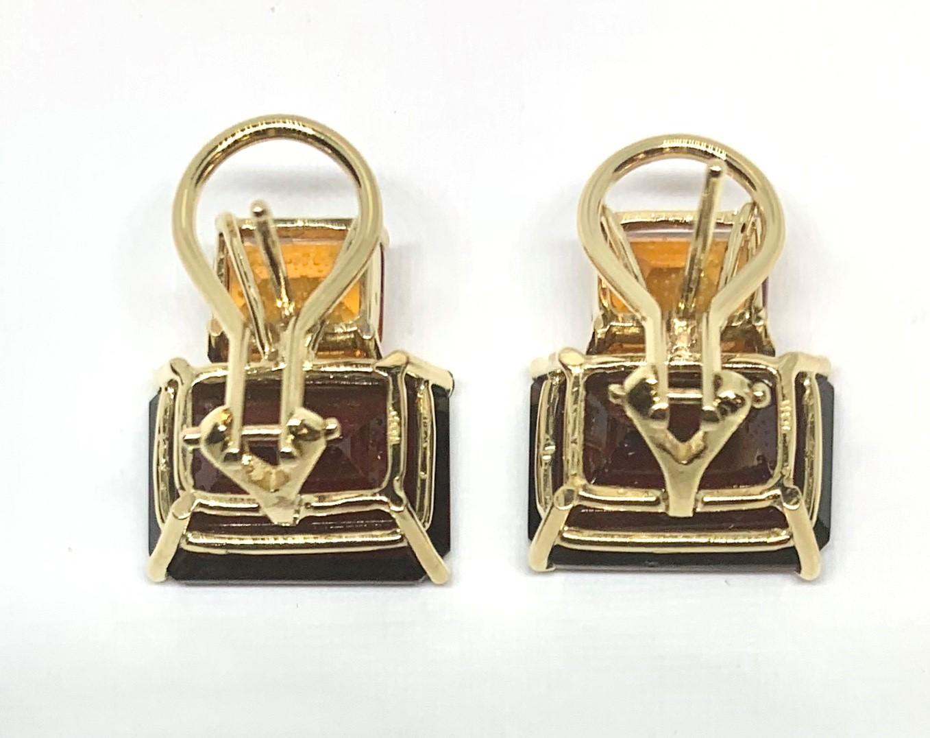 Artisan Rectangular Cut Garnet, Citrine, Yellow Gold French Clip Earrings, 15.93 ct. t.w