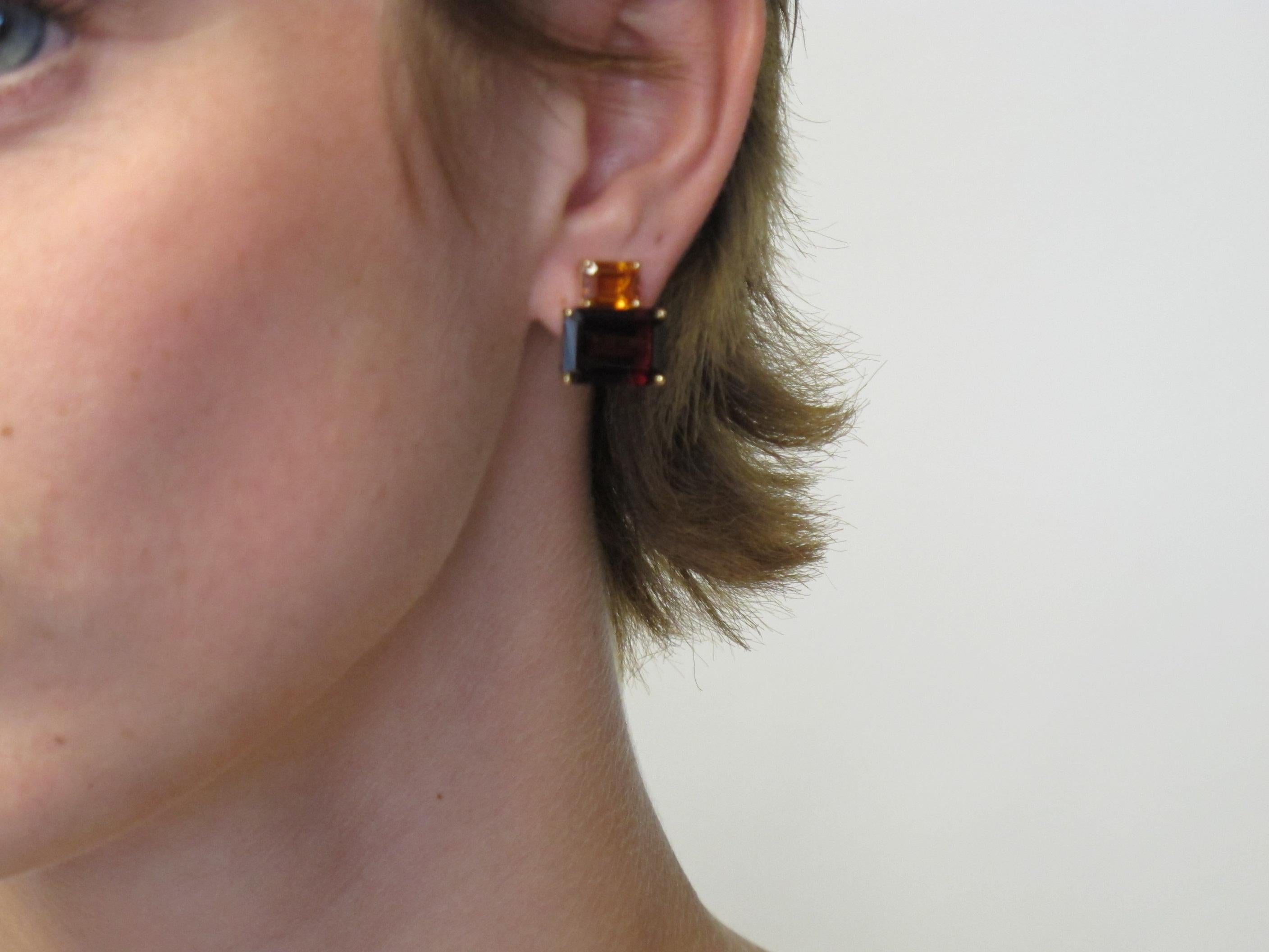 Rectangular Cut Garnet, Citrine, Yellow Gold French Clip Earrings, 15.93 ct. t.w In New Condition In Los Angeles, CA
