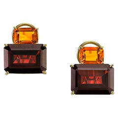 Rectangular Cut Garnet, Citrine, Yellow Gold French Clip Earrings, 15.93 ct. t.w