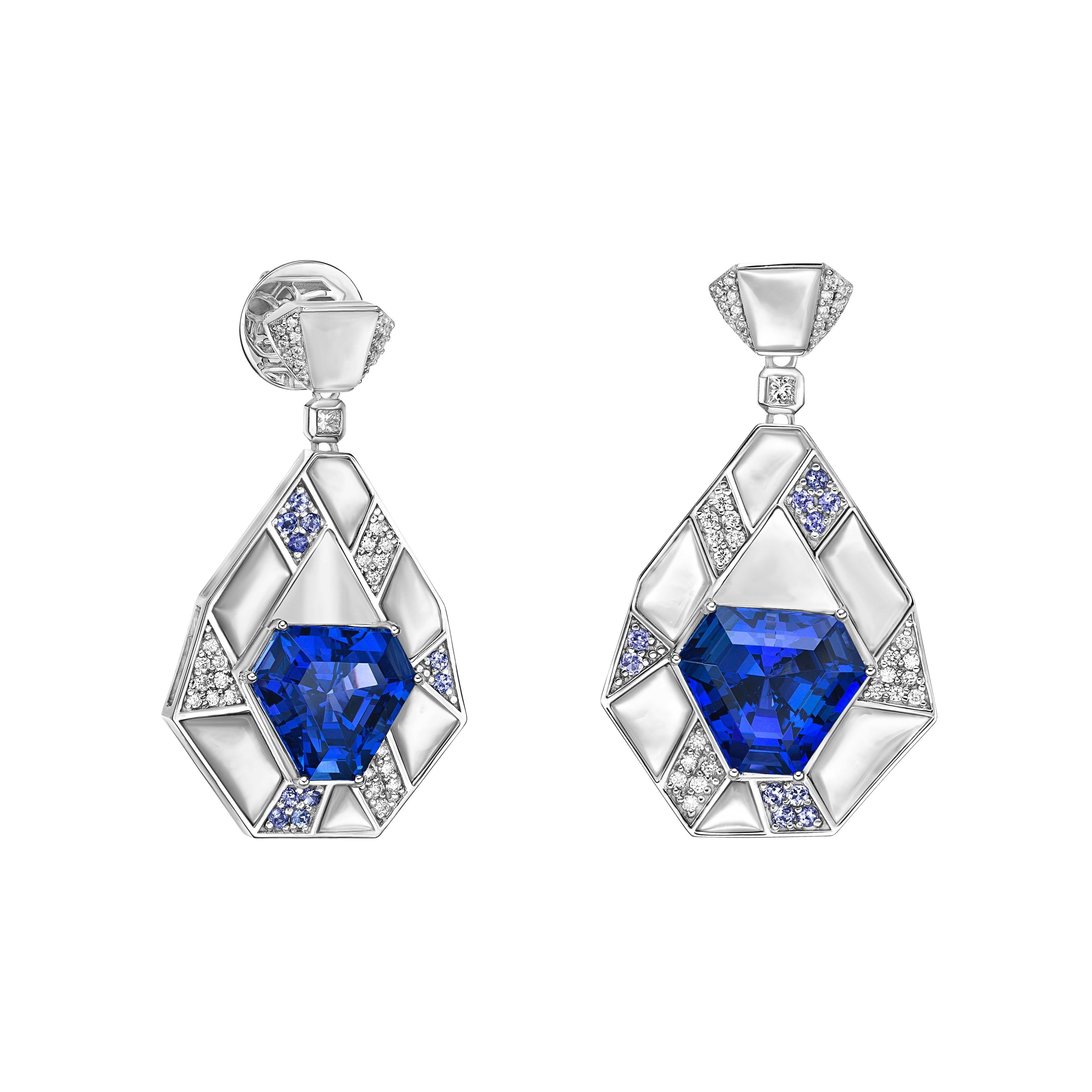 This Tanzanite Jewellery line has high quality beautifully cut Tanzanites. These velvety blue stones are set against an art deco-inspired frame of diamond baguettes.
  
Tanzanite Drop Earrings in 18Karat White Gold with Mother of Pearl and White