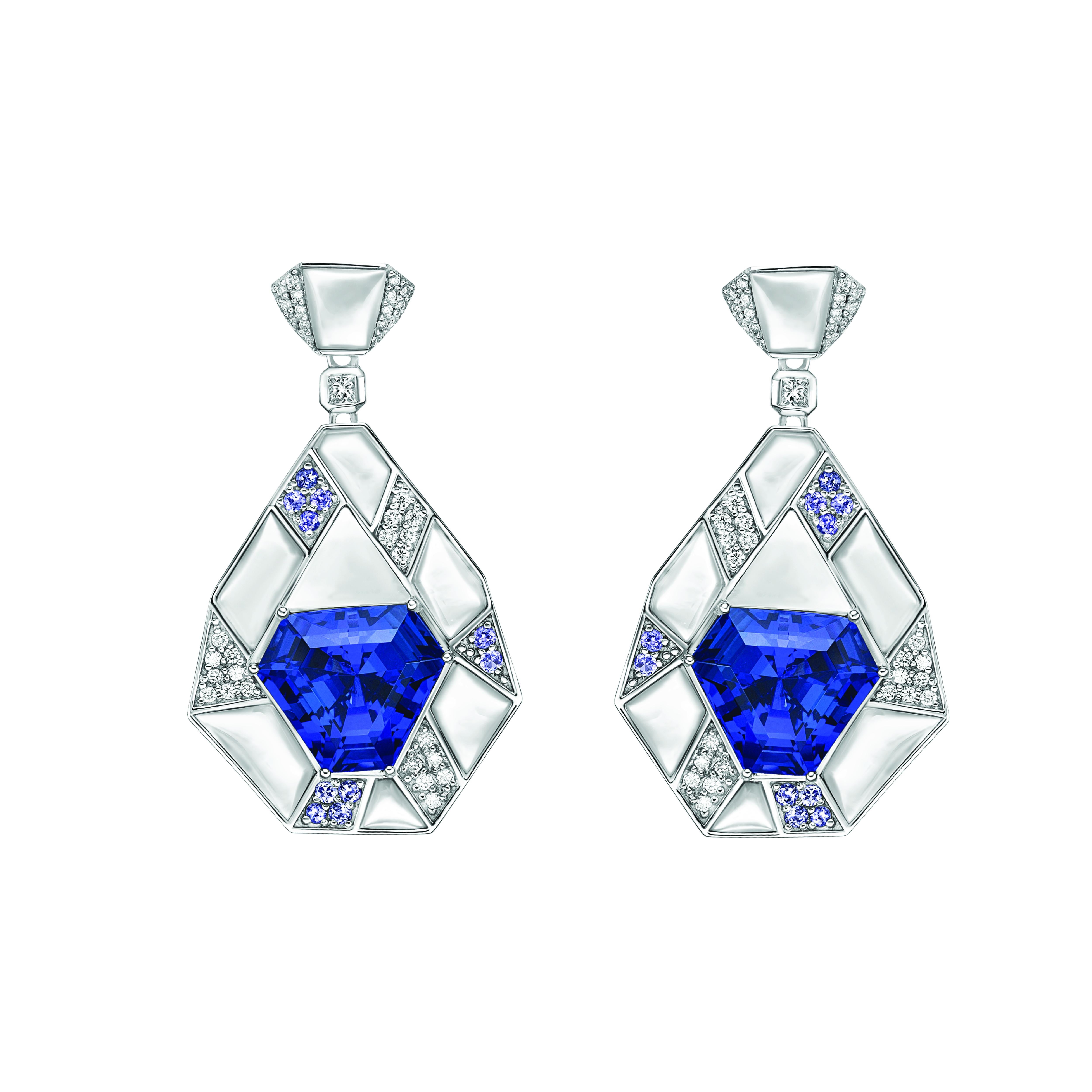 Contemporary 15.93 Carat Tanzanite Drop Earrings in 18KWG with Mother of Pearl and Diamond. For Sale