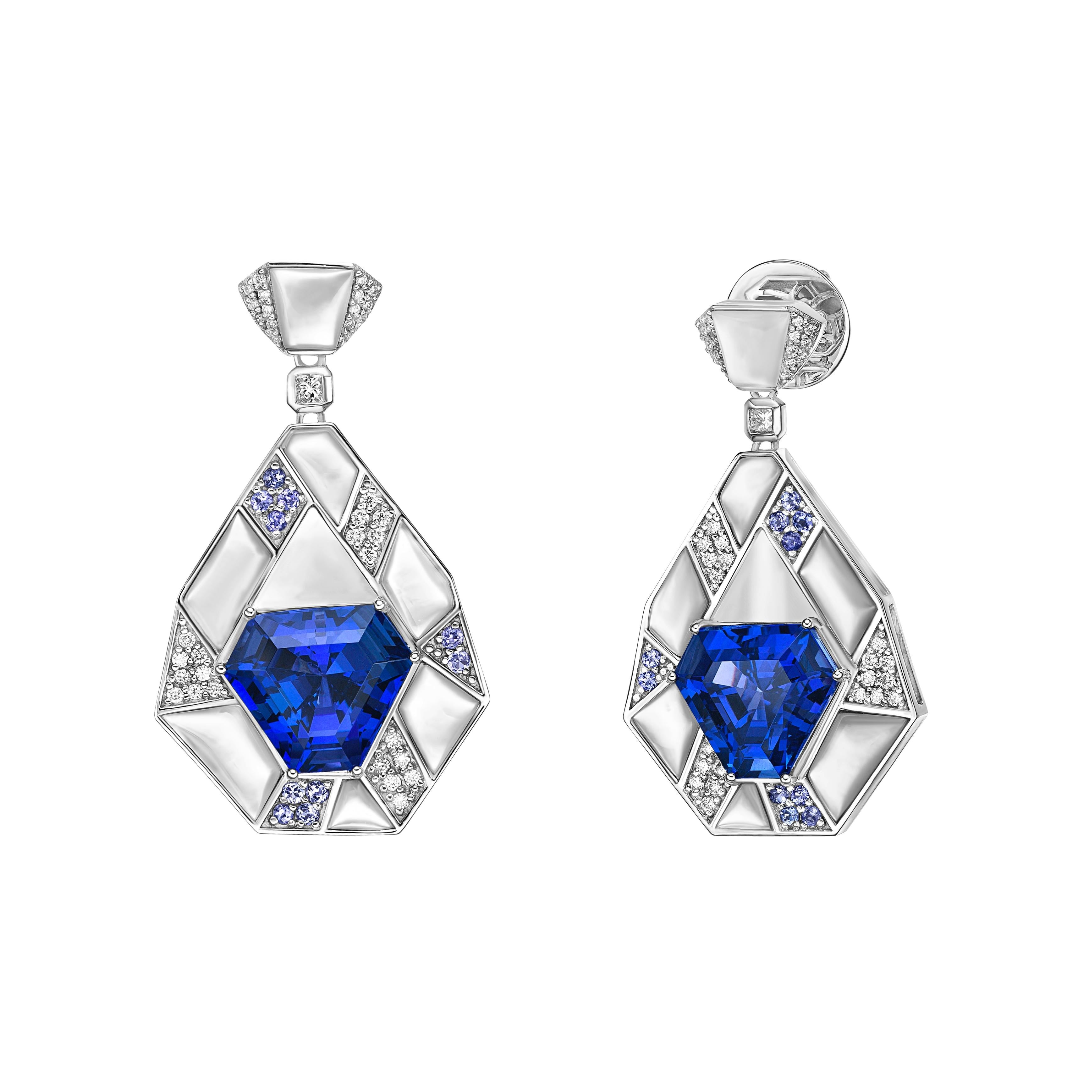 Mixed Cut 15.93 Carat Tanzanite Drop Earrings in 18KWG with Mother of Pearl and Diamond. For Sale