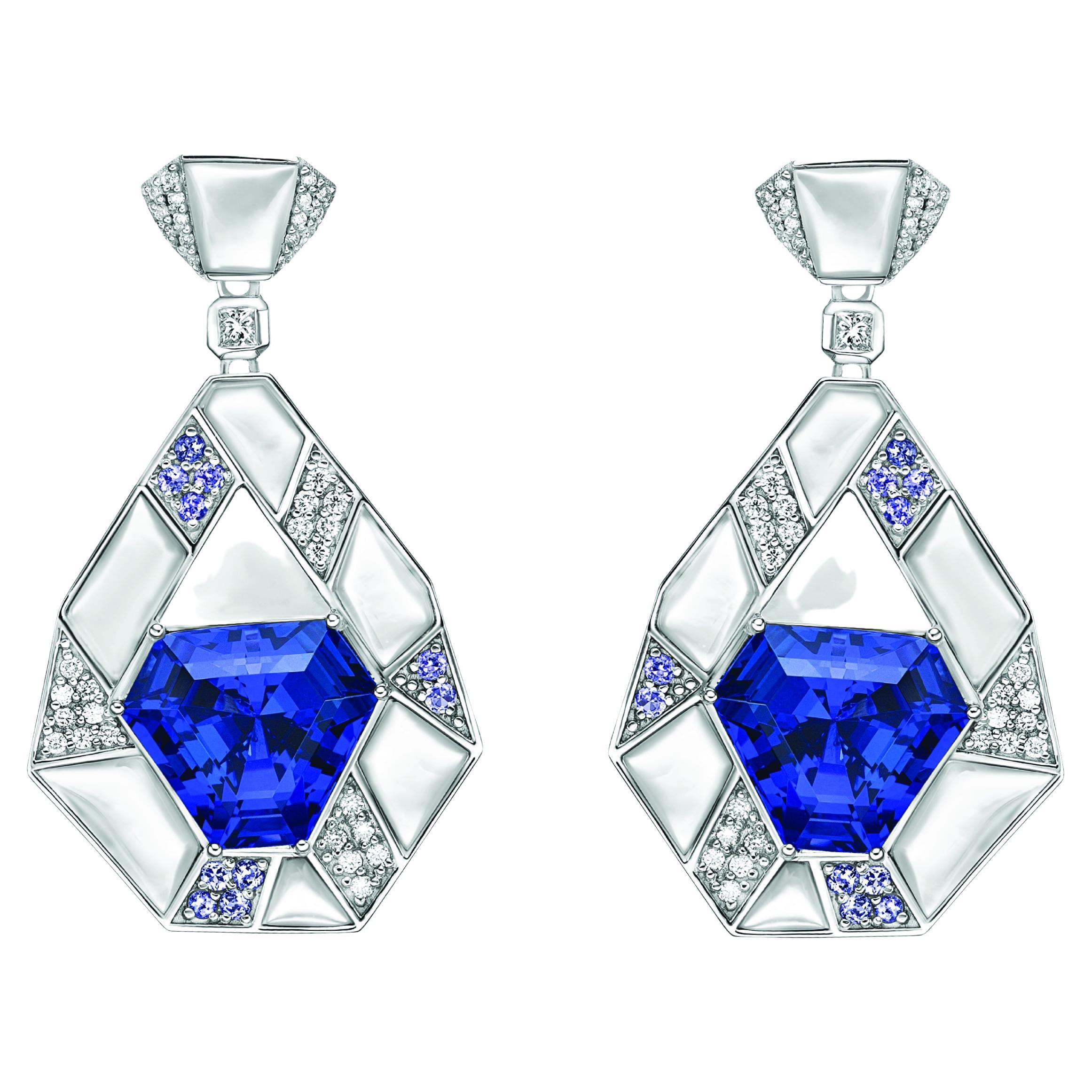 15.93 Carat Tanzanite Drop Earrings in 18KWG with Mother of Pearl and Diamond. For Sale