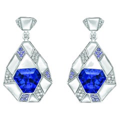 15.93 Carat Tanzanite Drop Earrings in 18KWG with Mother of Pearl and Diamond.