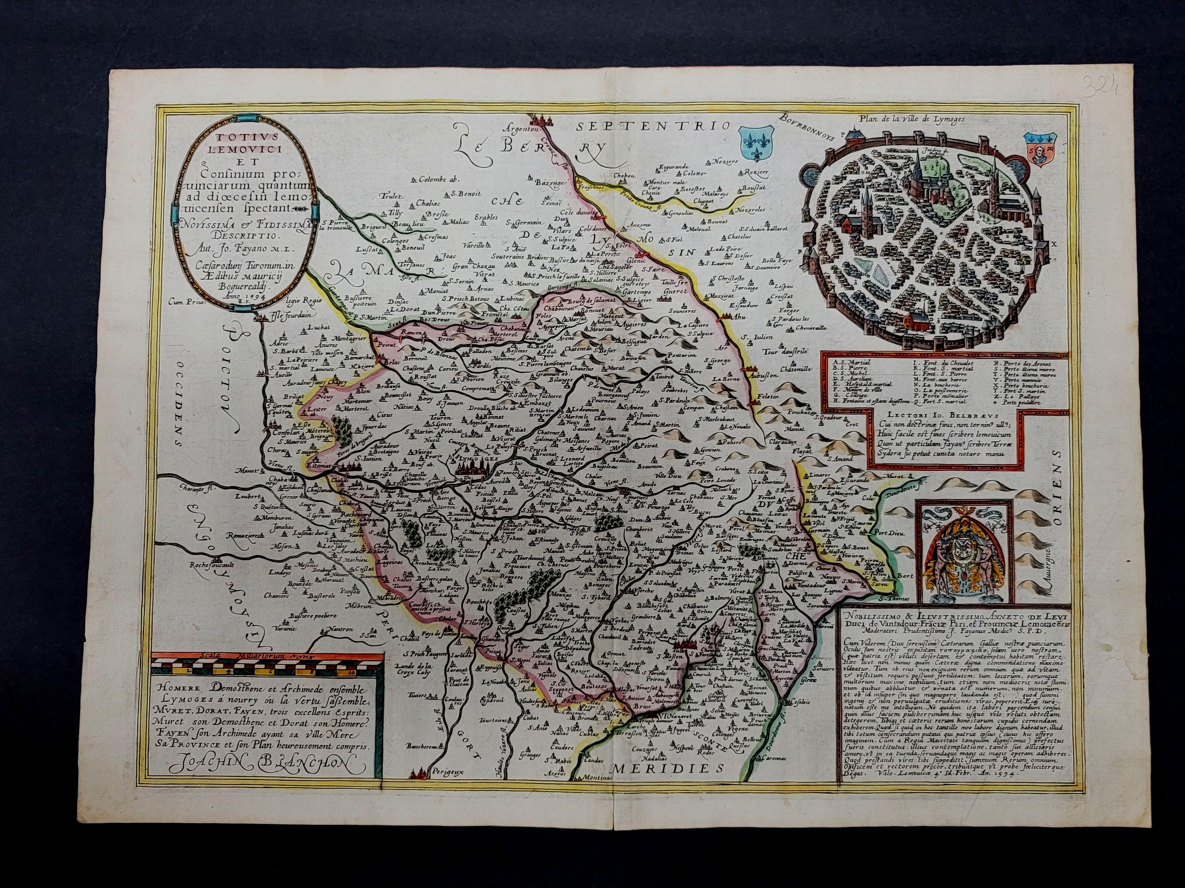 1594 Carte de Maurice Bouguereau de la région de Limoges, France, intitulée 
