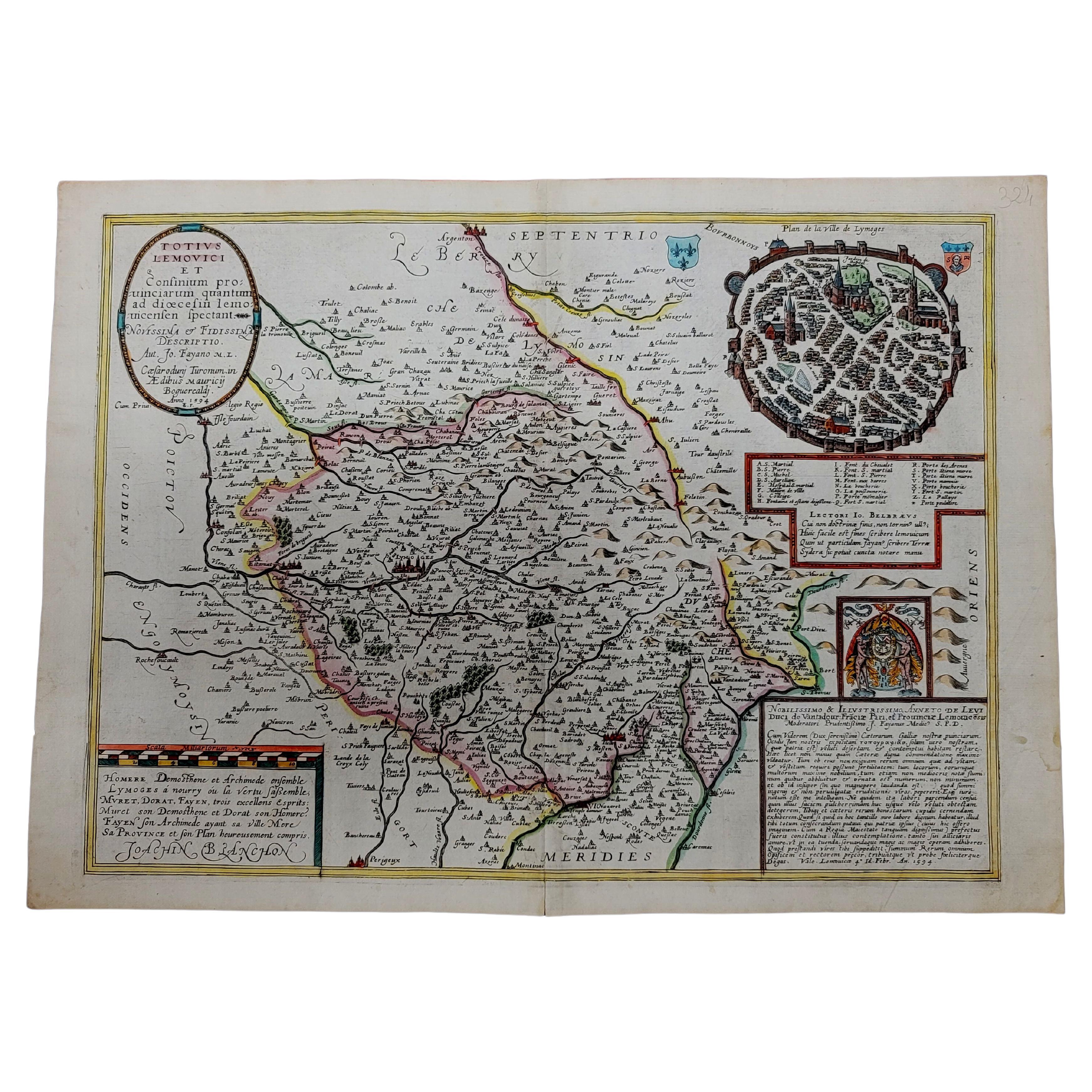 1594 Maurice Bouguereau Map of the Region Limoges, France, Ric0015 For Sale