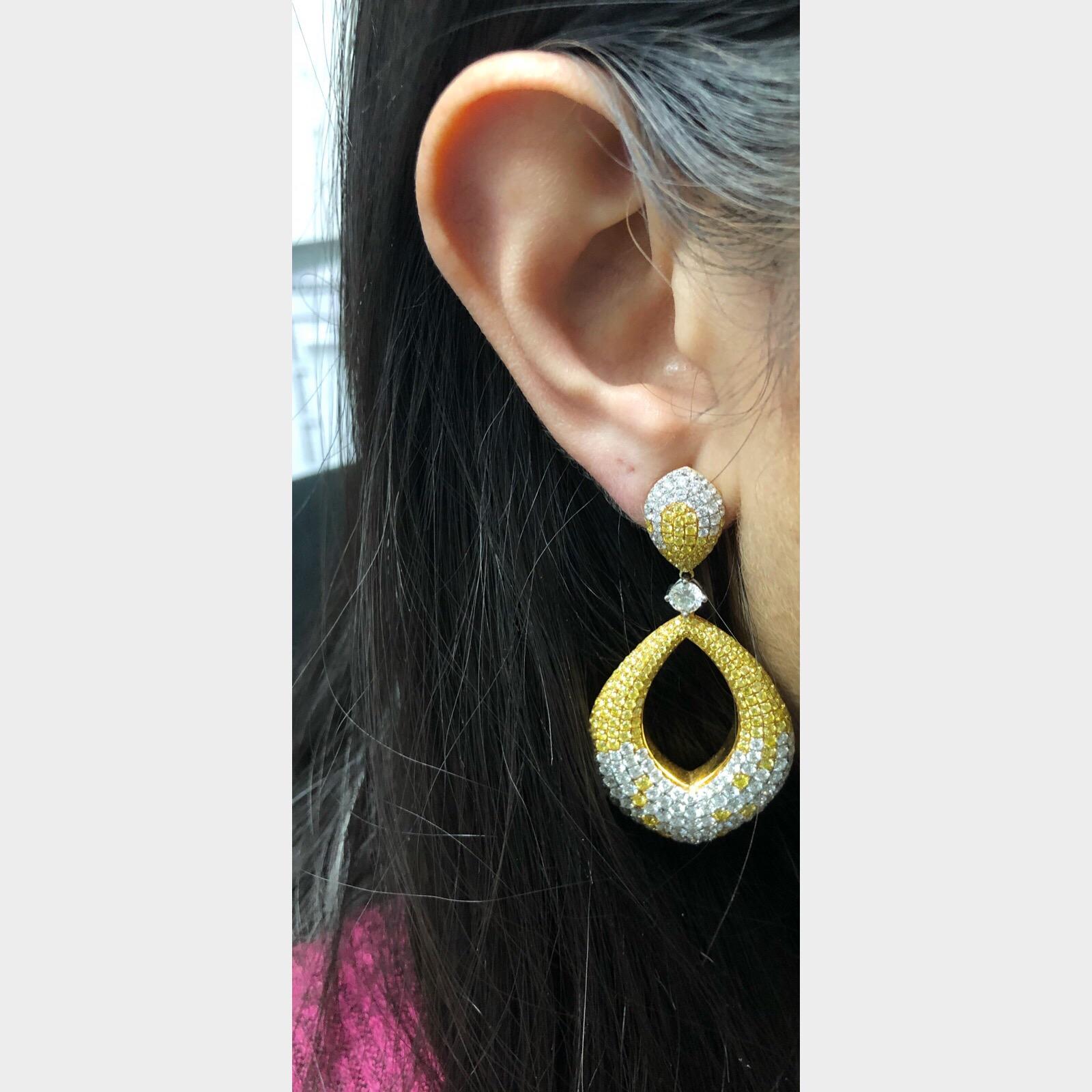 Women's or Men's 15.95 Carat Natural Fancy Yellow & Colorless Brilliant Diamonds on 18K Earrings For Sale