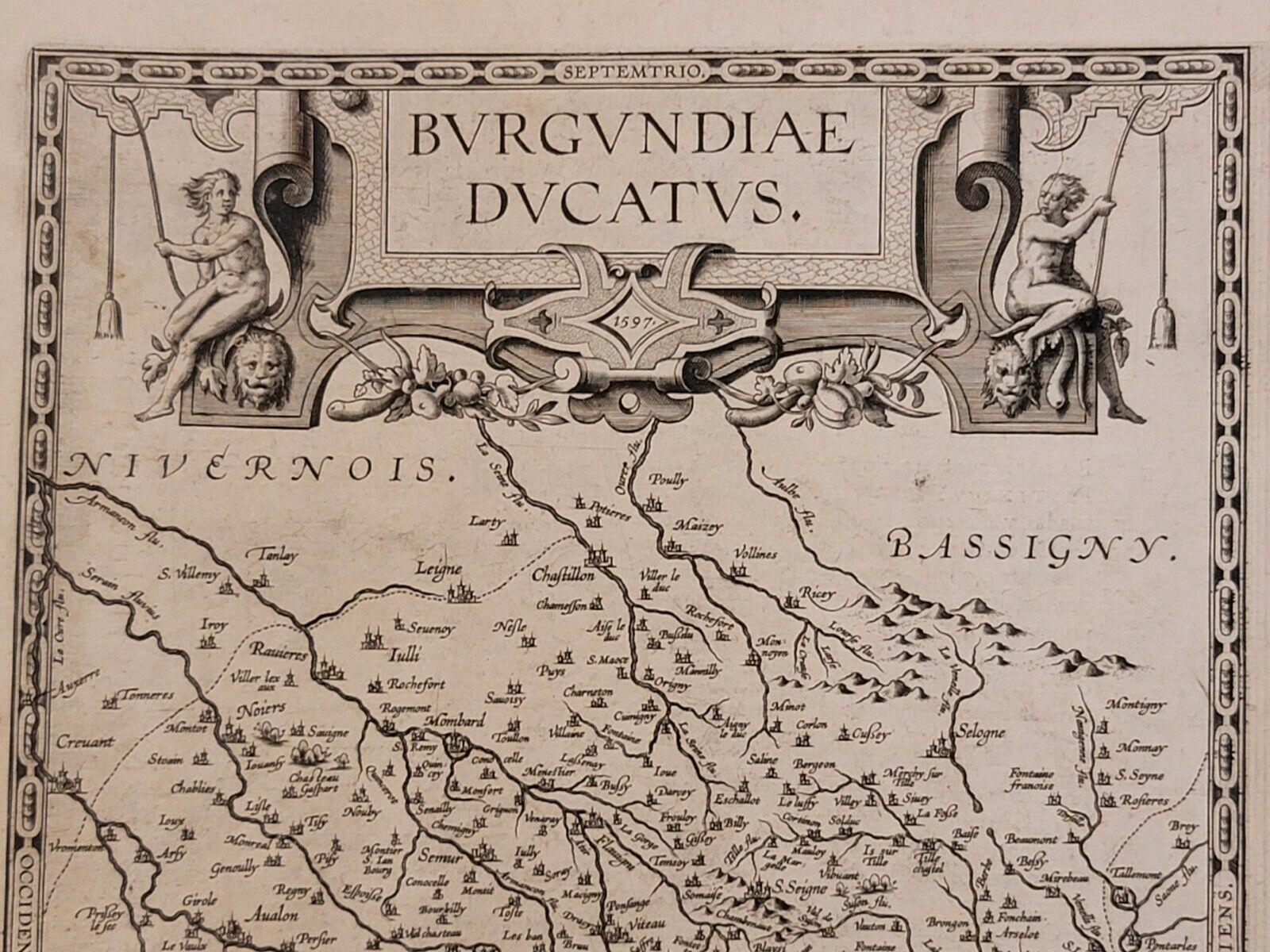 Néerlandais Carte d'Abraham Ortelius de 1597 Bourgogne, France intitulée « Bvrgvndiae dvcatvs Ric.a010 en vente