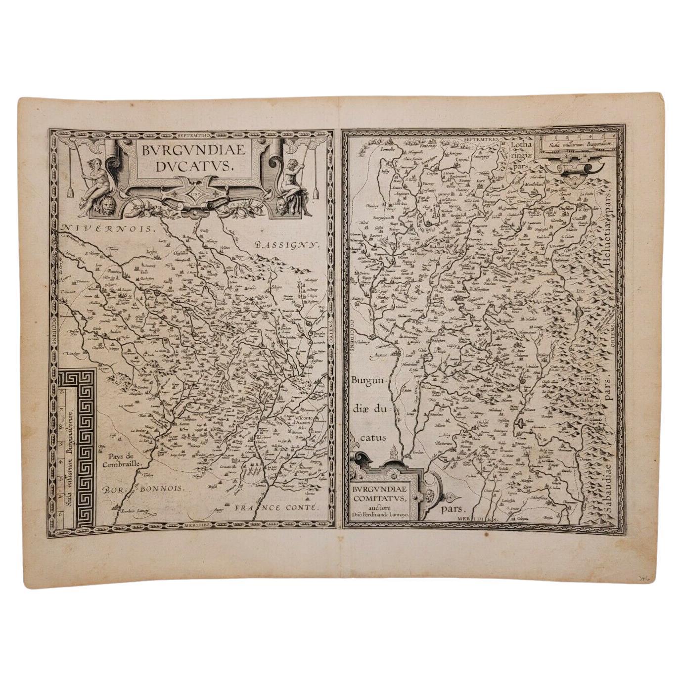 1597 Abraham Ortelius Map Burgundy, France Entitled "Bvrgvndiae dvcatvs Ric.a010