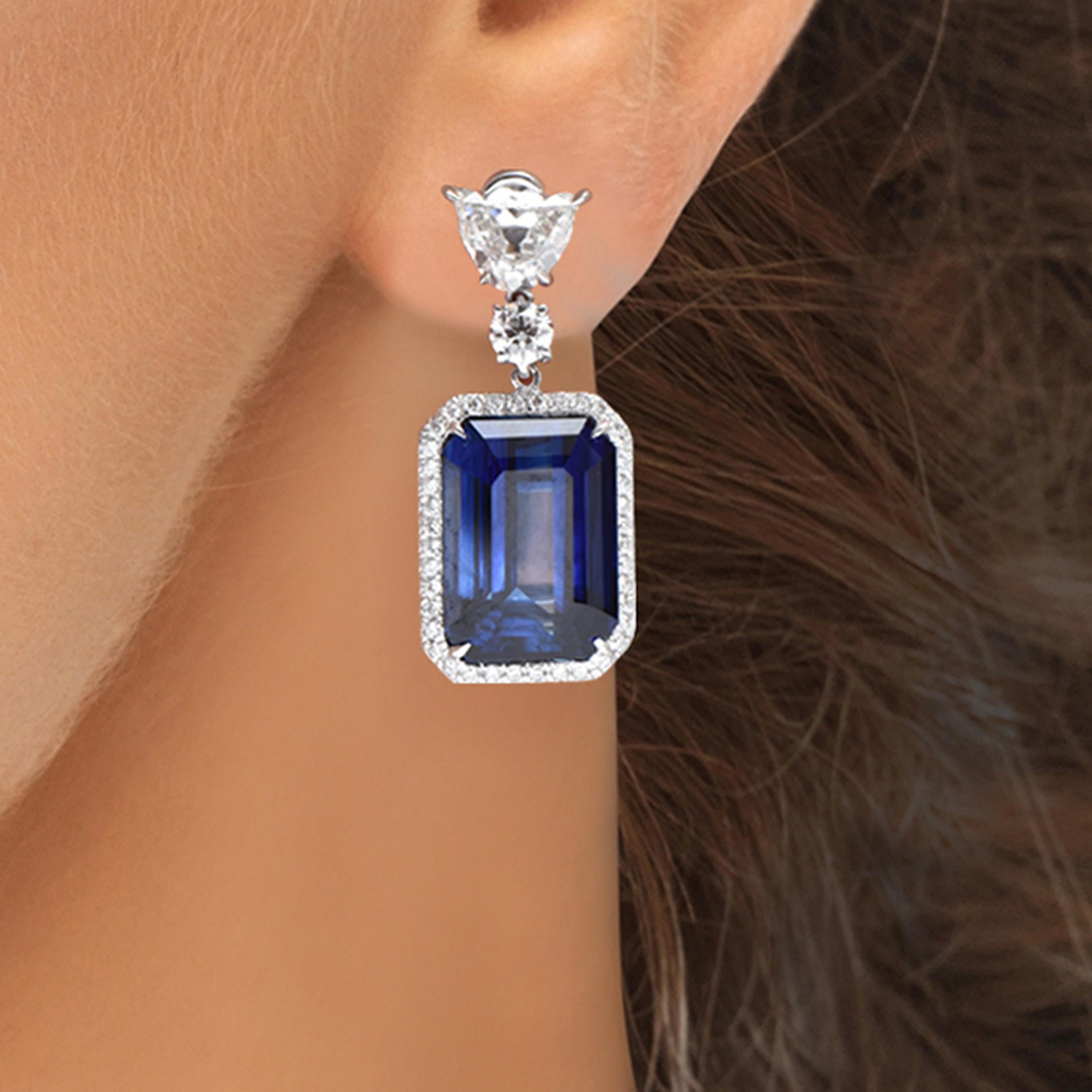 Modern Laviere 15.97 Carat Blue Sapphire and Diamond Earrings For Sale