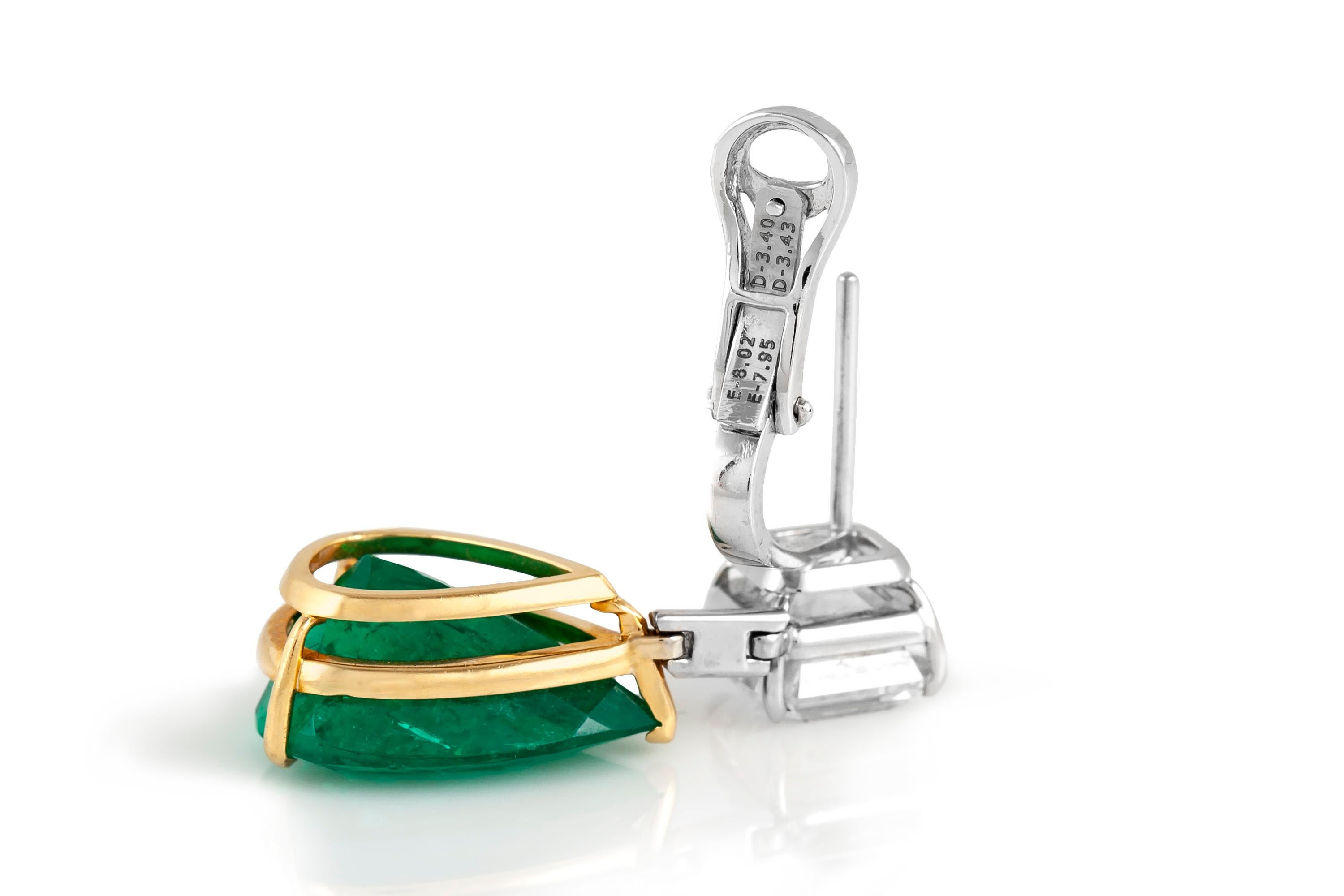 Pear Cut 15.97 Carat Colombian Emerald and Diamond Drop Earrings For Sale