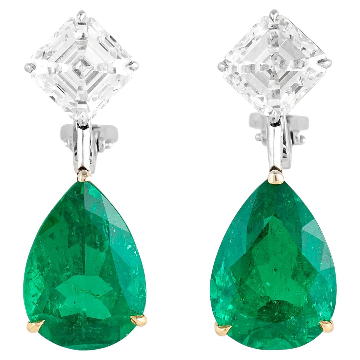 15.97 Carat Colombian Emerald and Diamond Drop Earrings For Sale