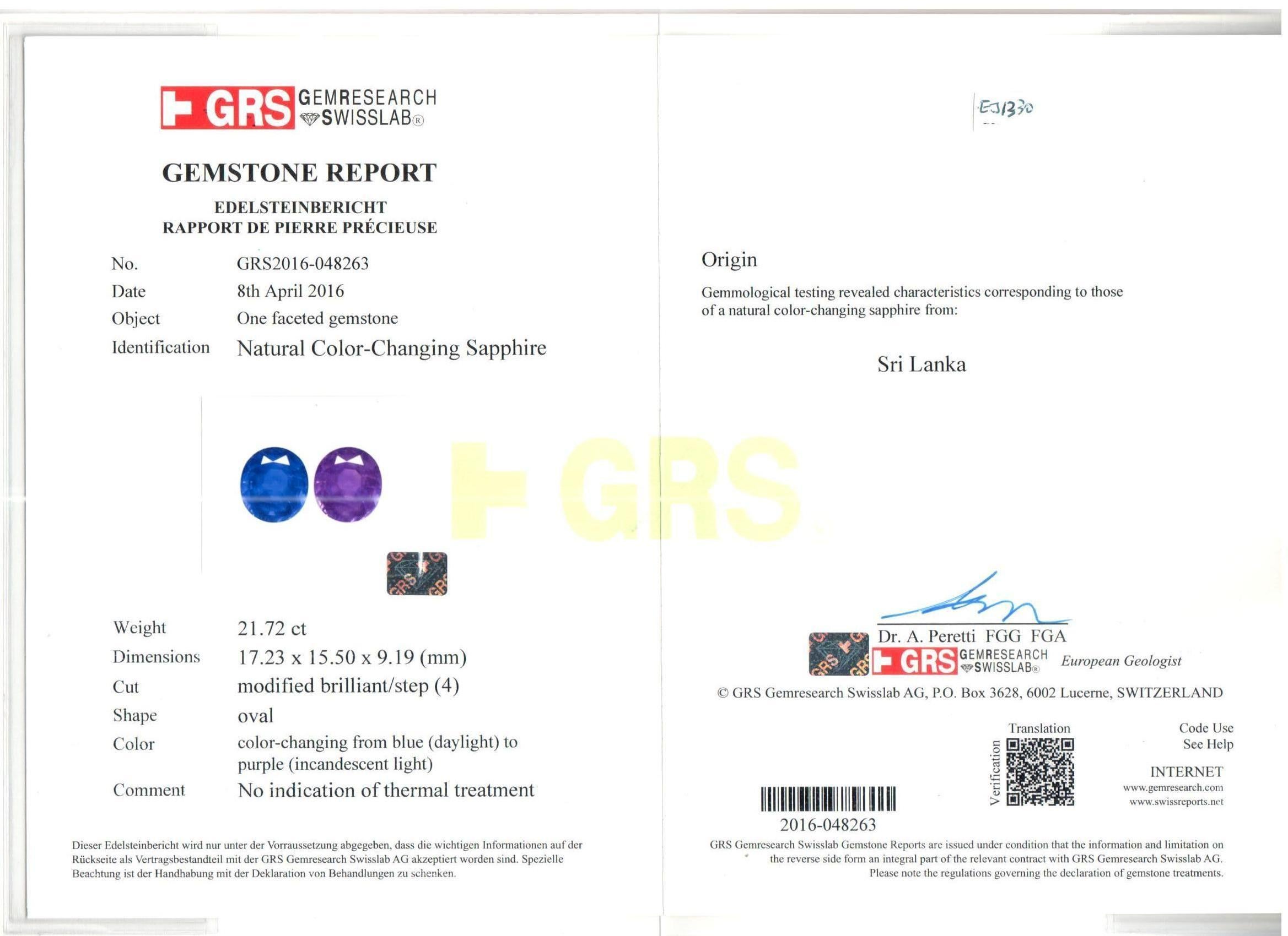 Cushion Cut 15.97 Carat GRS Certified No Heat Color Change Sapphire Diamond Engagement Ring For Sale