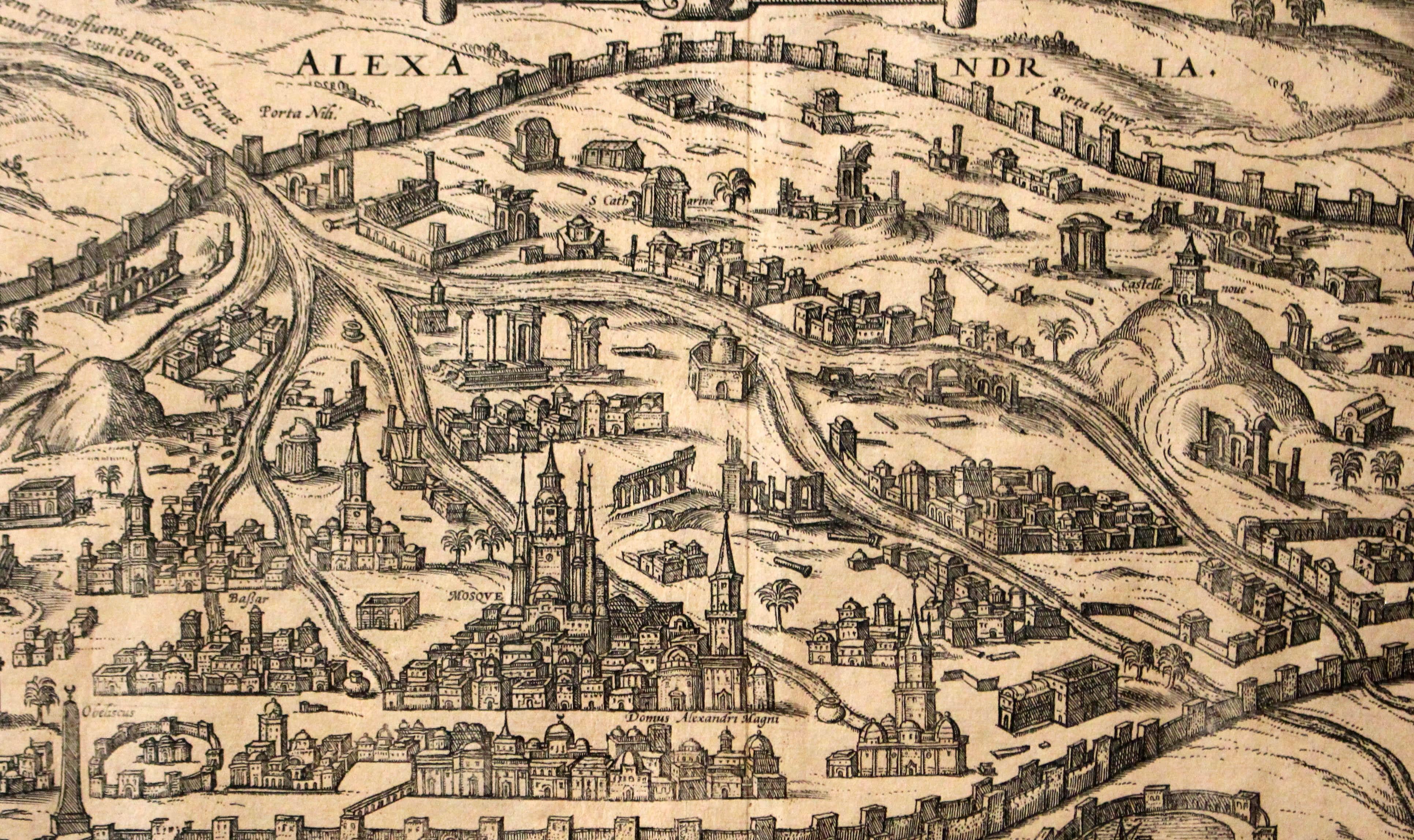 1597 Deutsche Karte von Alexandria von Georg Braun und Frans Hogenberg (Renaissance) im Angebot