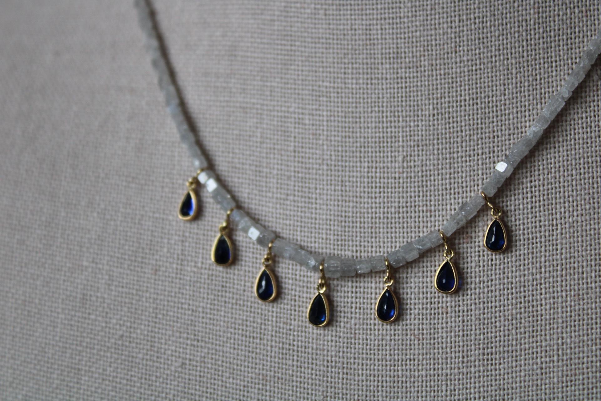 15.99 Carat Diamond Bead 18K Gold Necklace with Sapphire Pears In New Condition For Sale In Amagansett, NY