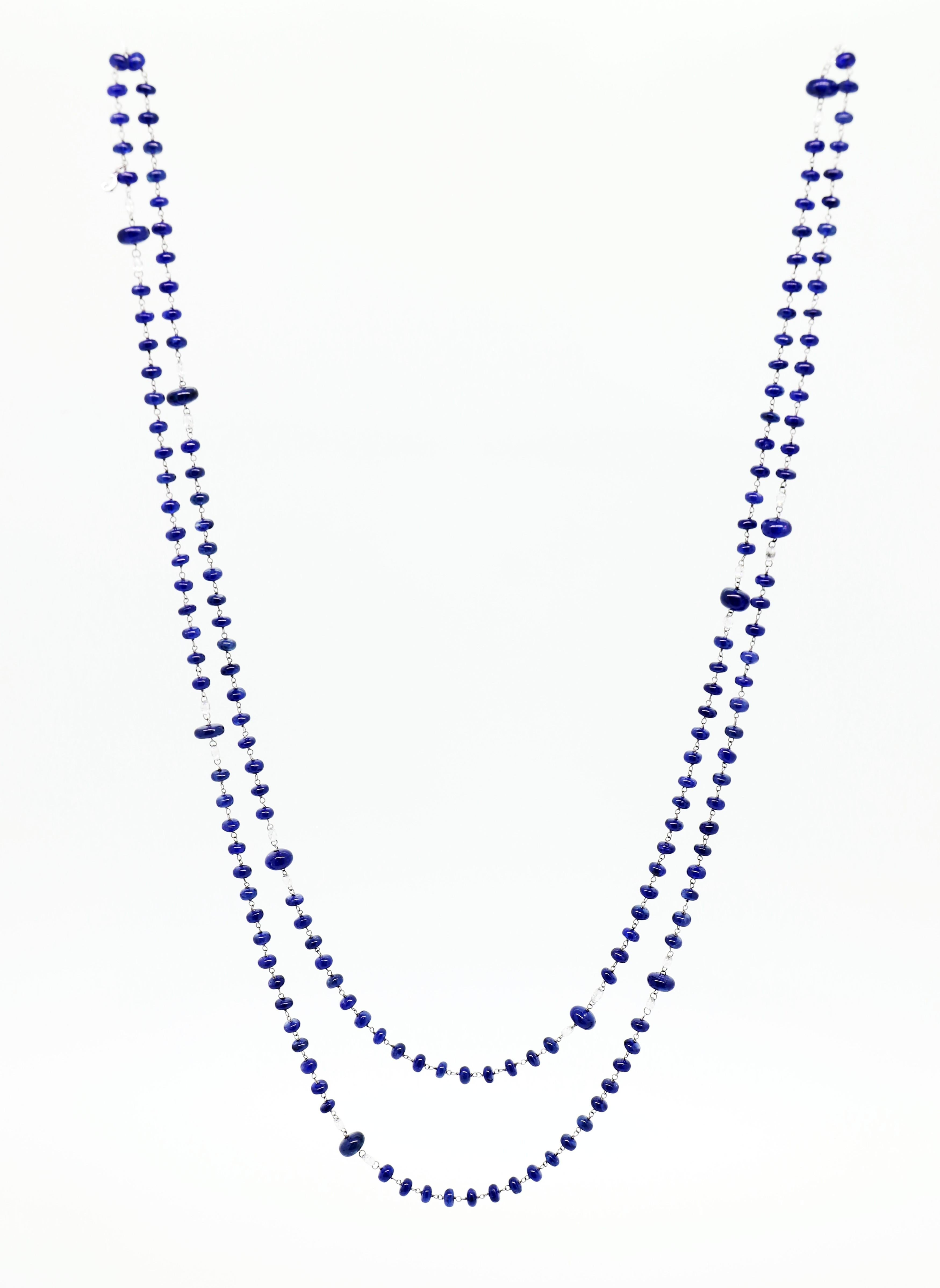 159.97 Blue Sapphires Beads and White Diamond Briolè Beaded Necklace For Sale 3