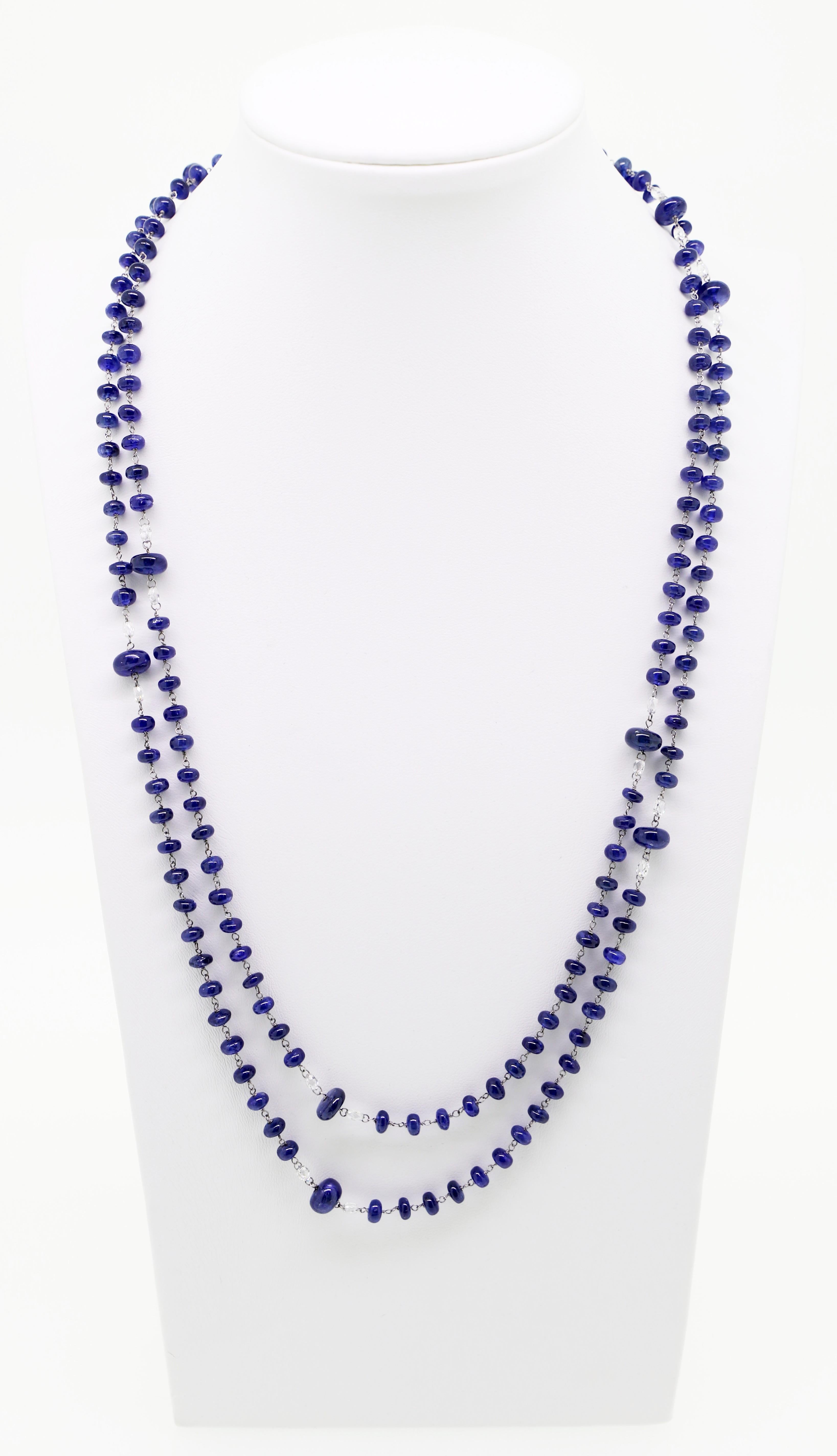 Contemporary 159.97 Blue Sapphires Beads and White Diamond Briolè Beaded Necklace For Sale