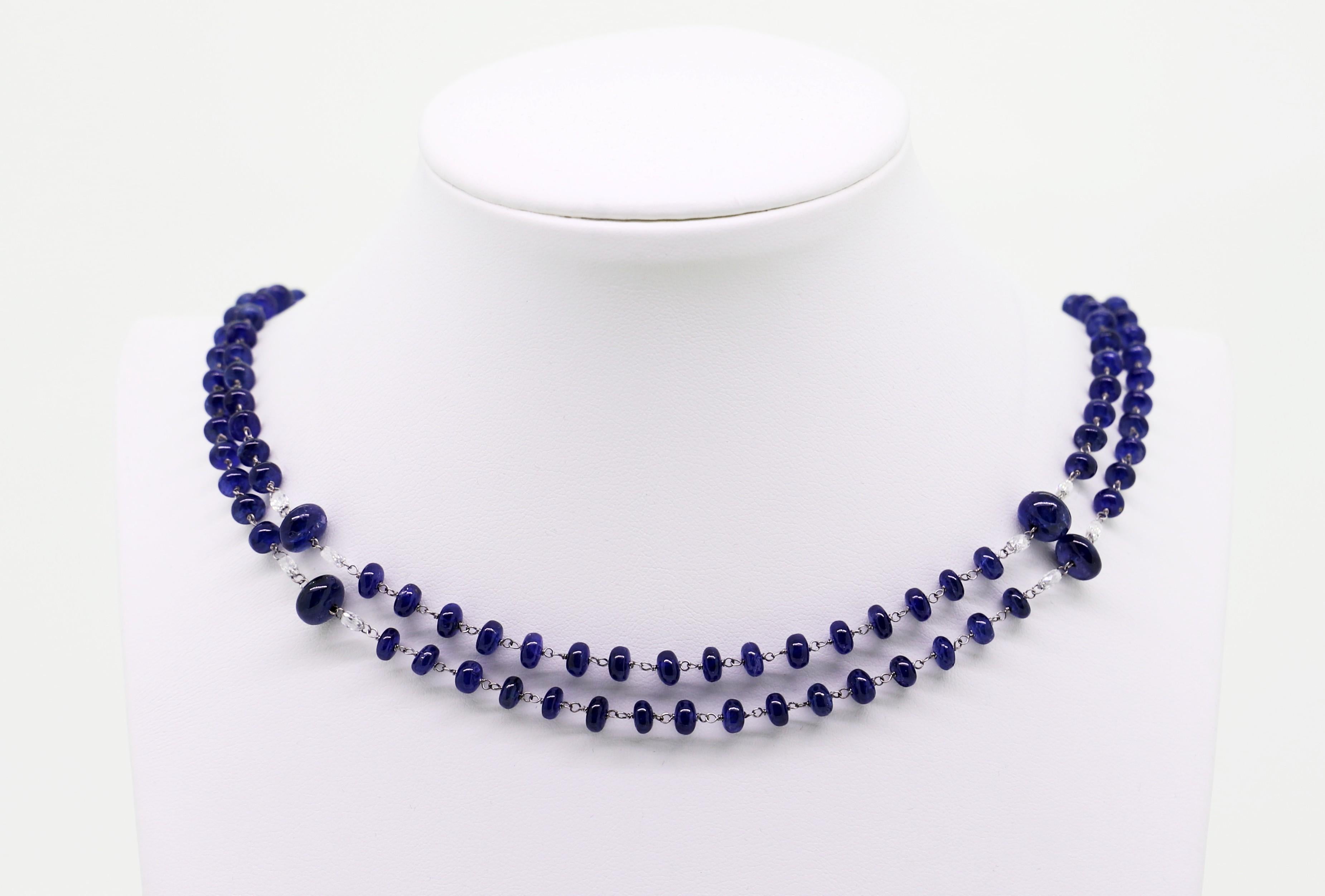 Round Cut 159.97 Blue Sapphires Beads and White Diamond Briolè Beaded Necklace For Sale