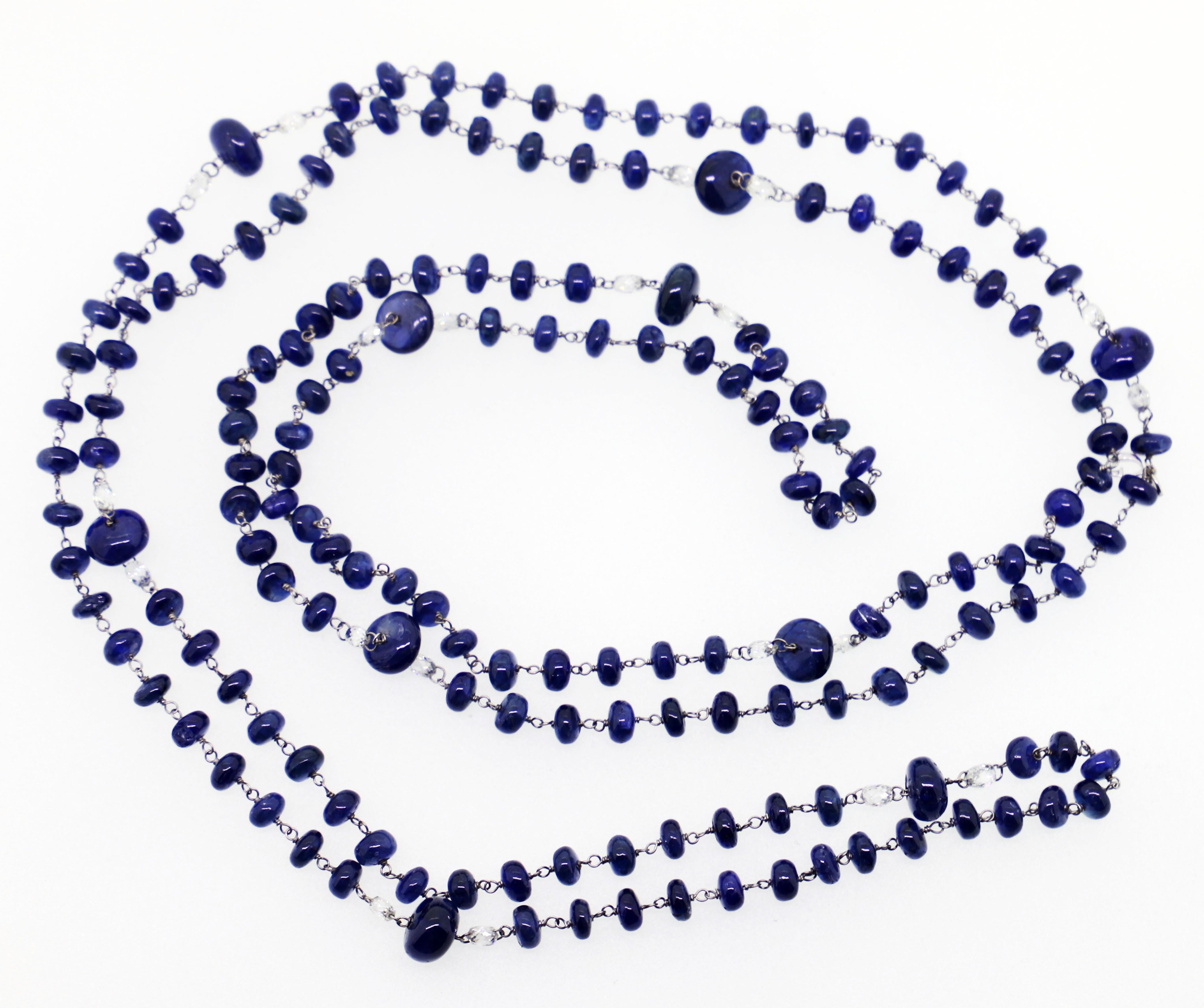 Women's 159.97 Blue Sapphires Beads and White Diamond Briolè Beaded Necklace For Sale