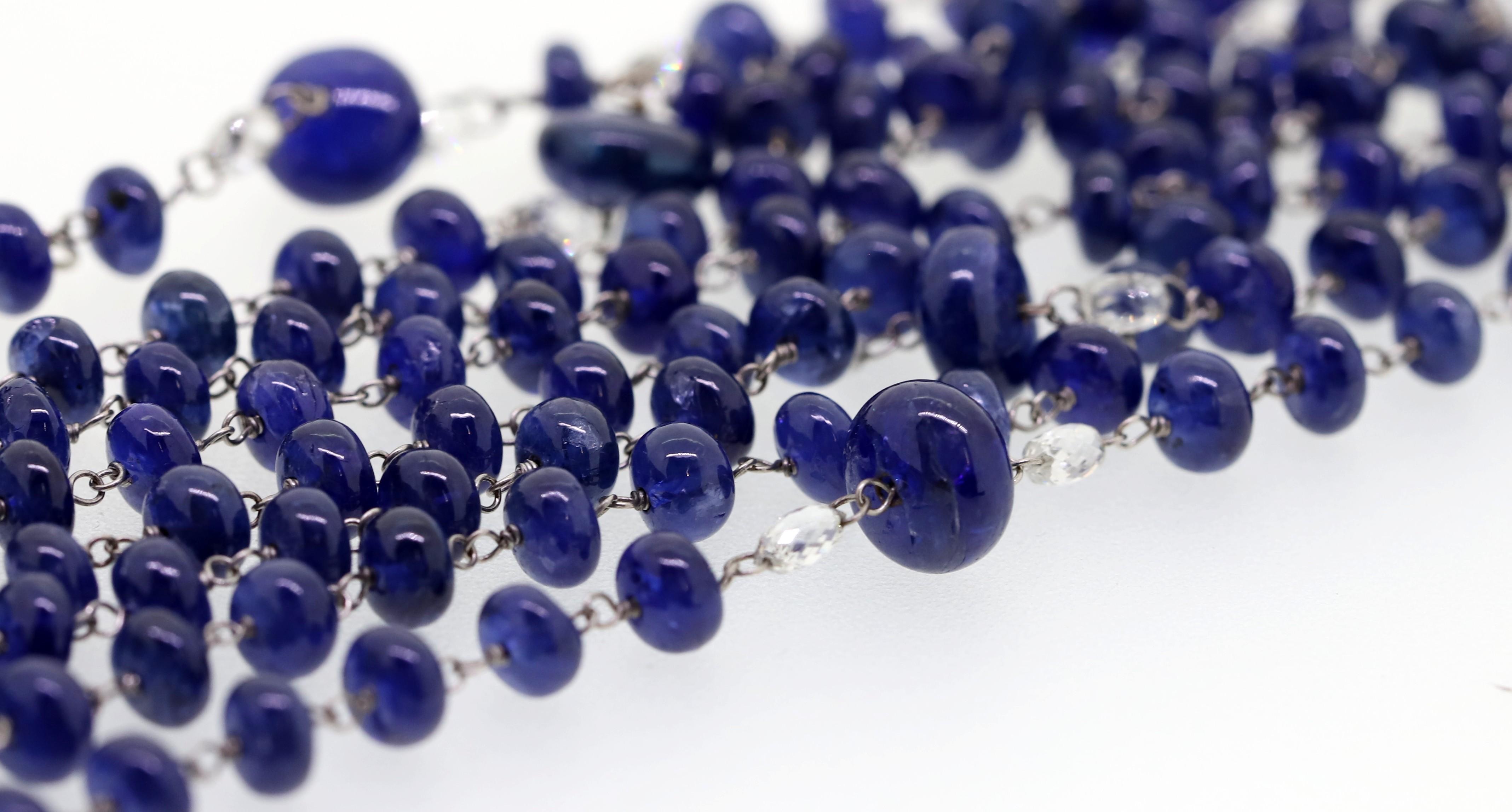 159.97 Blue Sapphires Beads and White Diamond Briolè Beaded Necklace For Sale 1