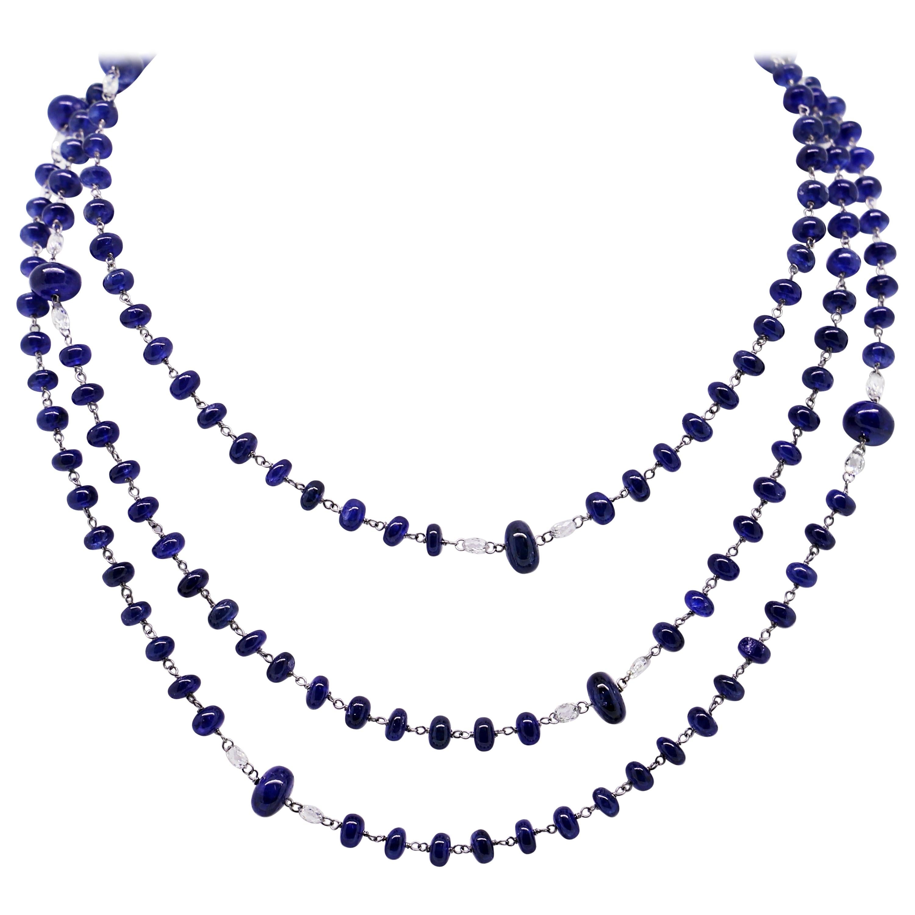 159.97 Blue Sapphires Beads and White Diamond Briolè Beaded Necklace For Sale