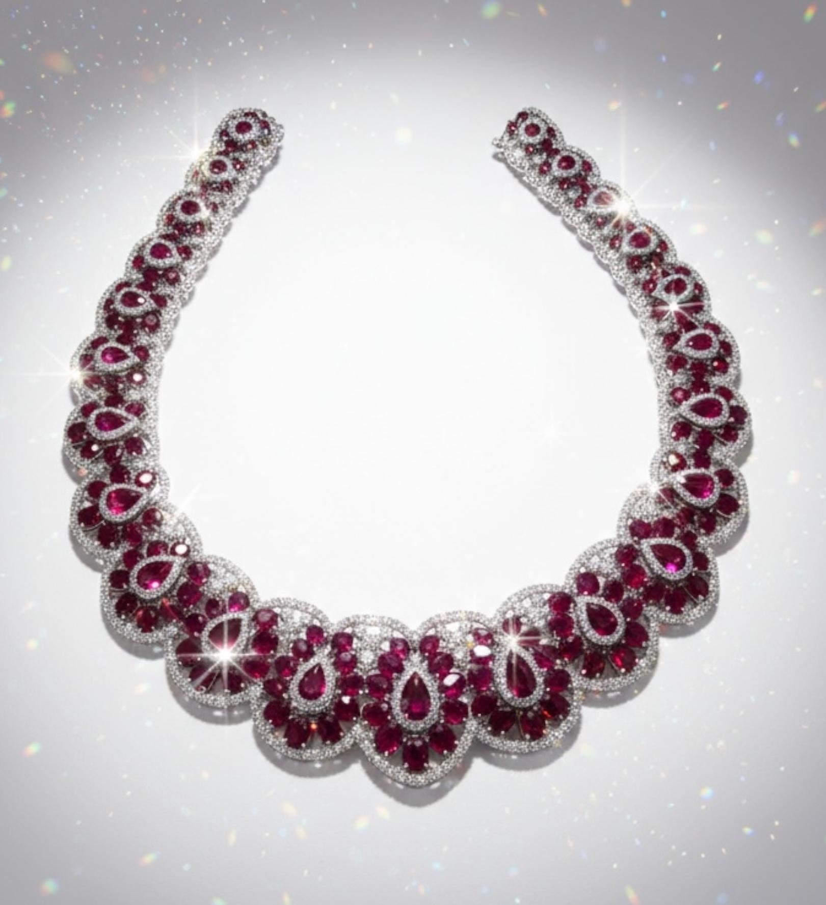 Modern 159.98ct Pigeon Blood Ruby Diamond Necklace in 18K White Gold High Jewelry For Sale