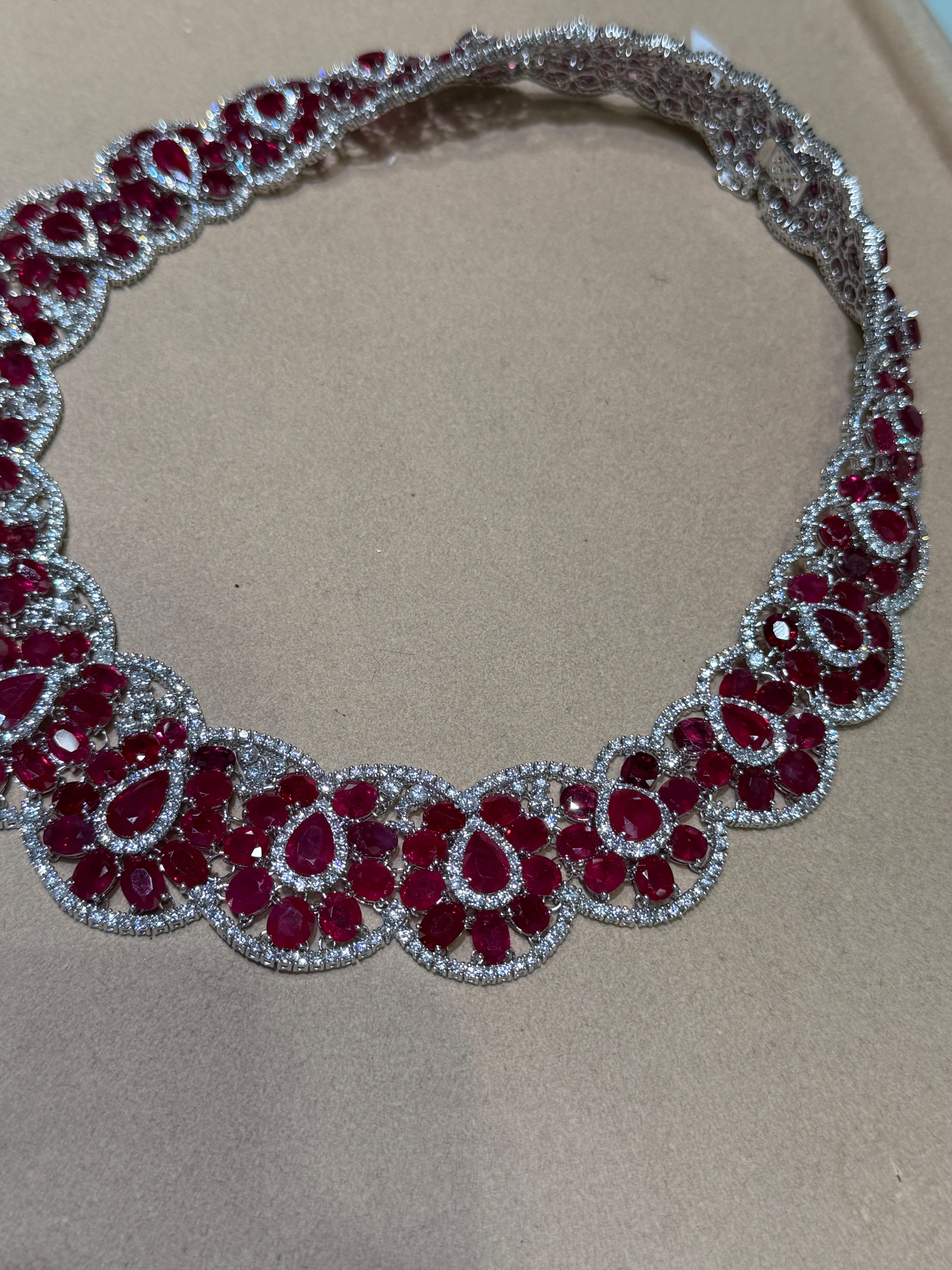 Pear Cut 159.98ct Pigeon Blood Ruby Diamond Necklace in 18K White Gold High Jewelry For Sale