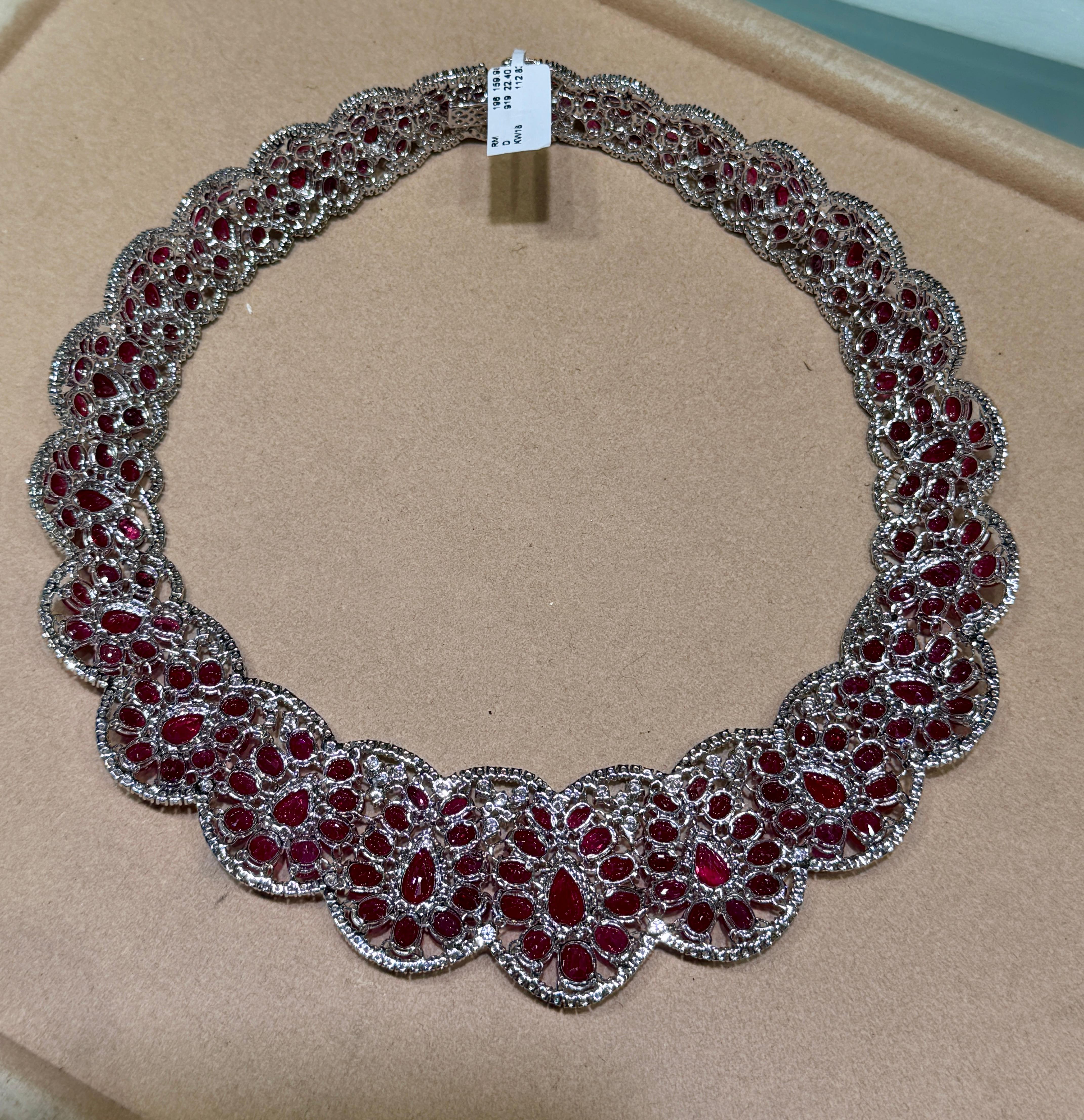 Women's or Men's 159.98ct Pigeon Blood Ruby Diamond Necklace in 18K White Gold High Jewelry For Sale