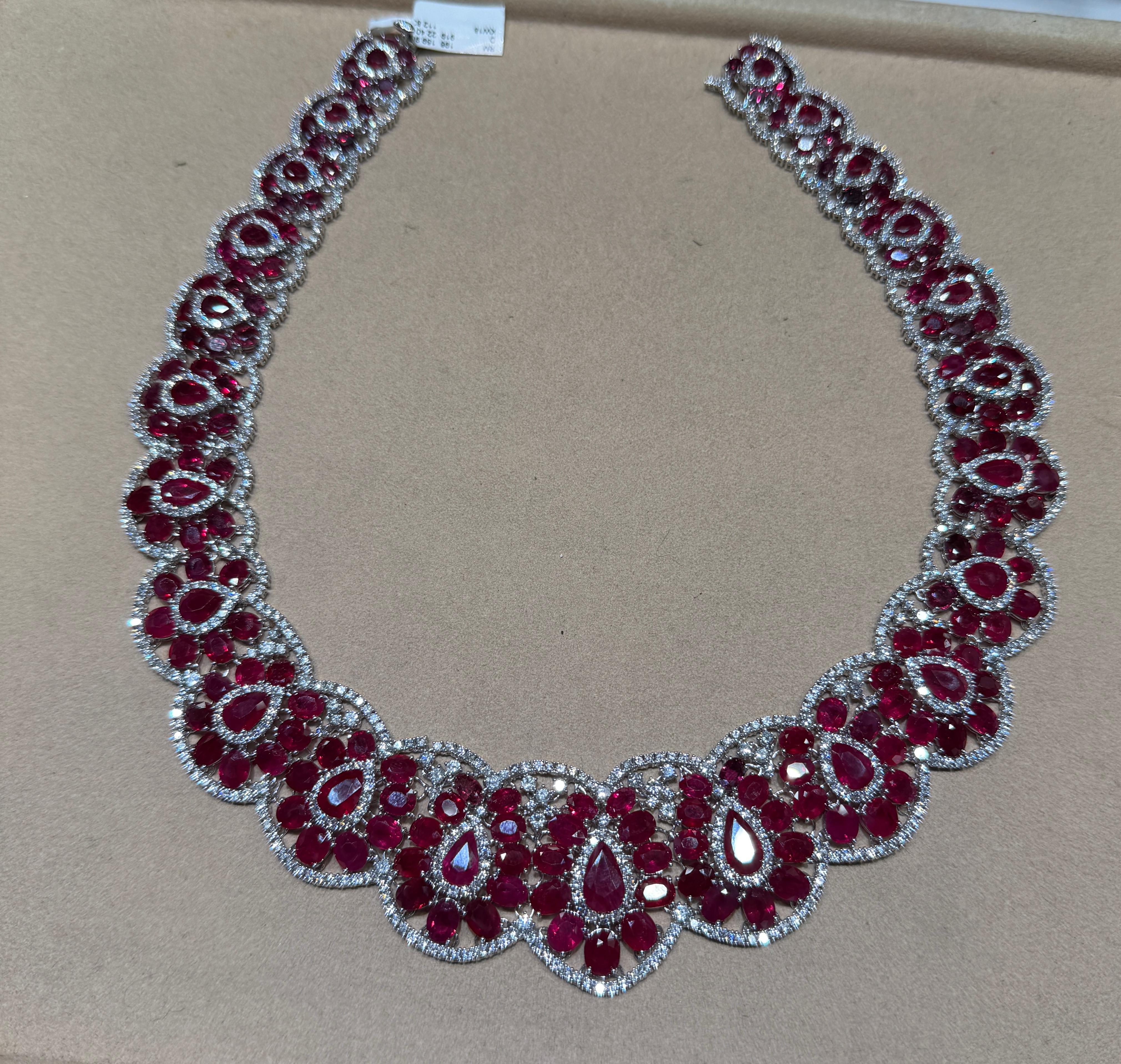 159.98ct Pigeon Blood Ruby Diamond Necklace in 18K White Gold High Jewelry For Sale 1