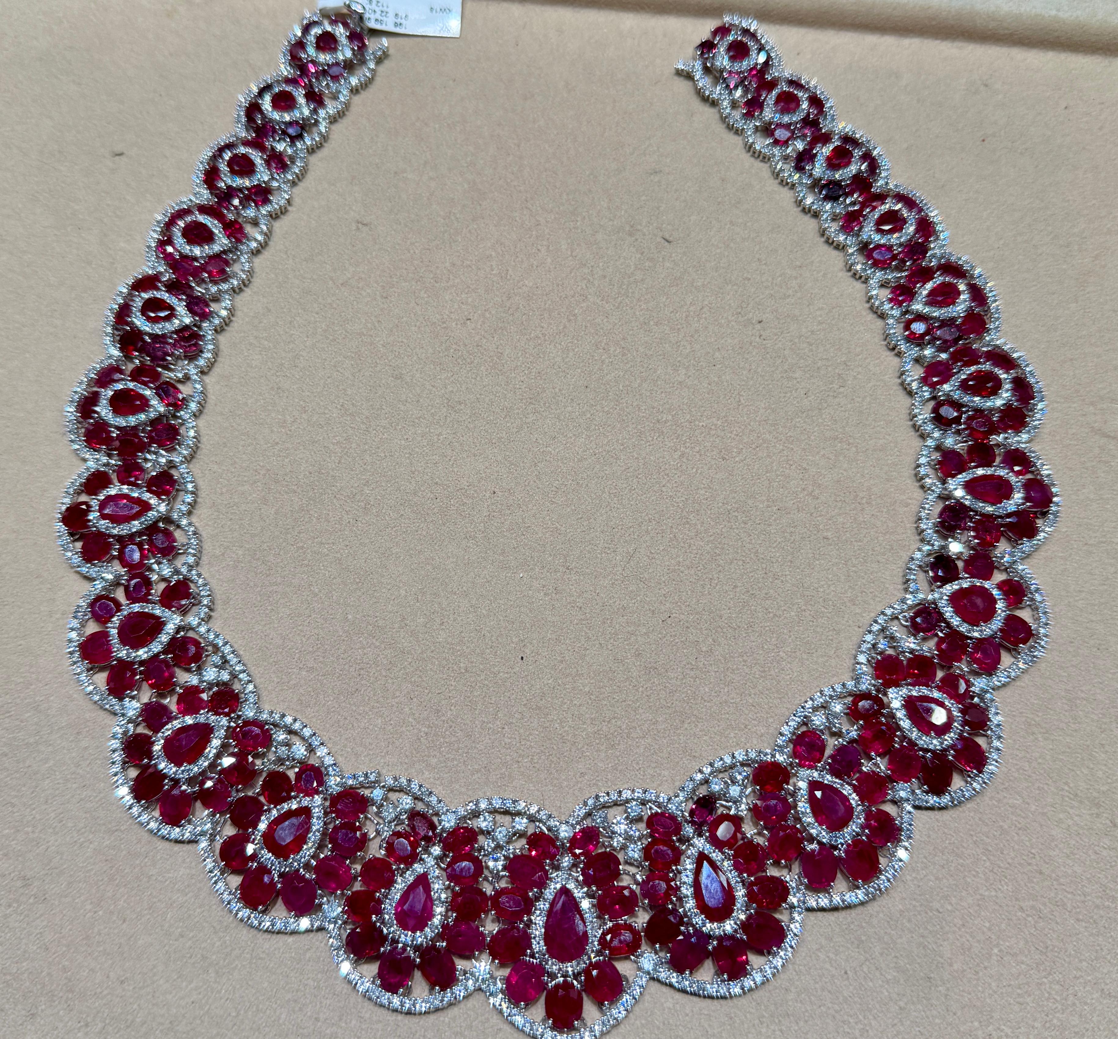 159.98ct Pigeon Blood Ruby Diamond Necklace in 18K White Gold High Jewelry For Sale 3