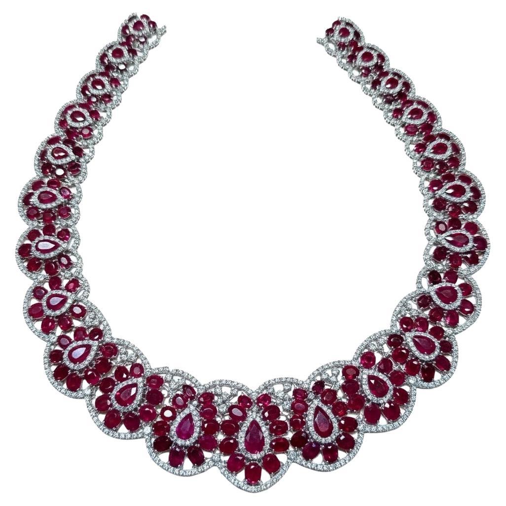 159.98ct Pigeon Blood Ruby Diamond Necklace in 18K White Gold High Jewelry For Sale