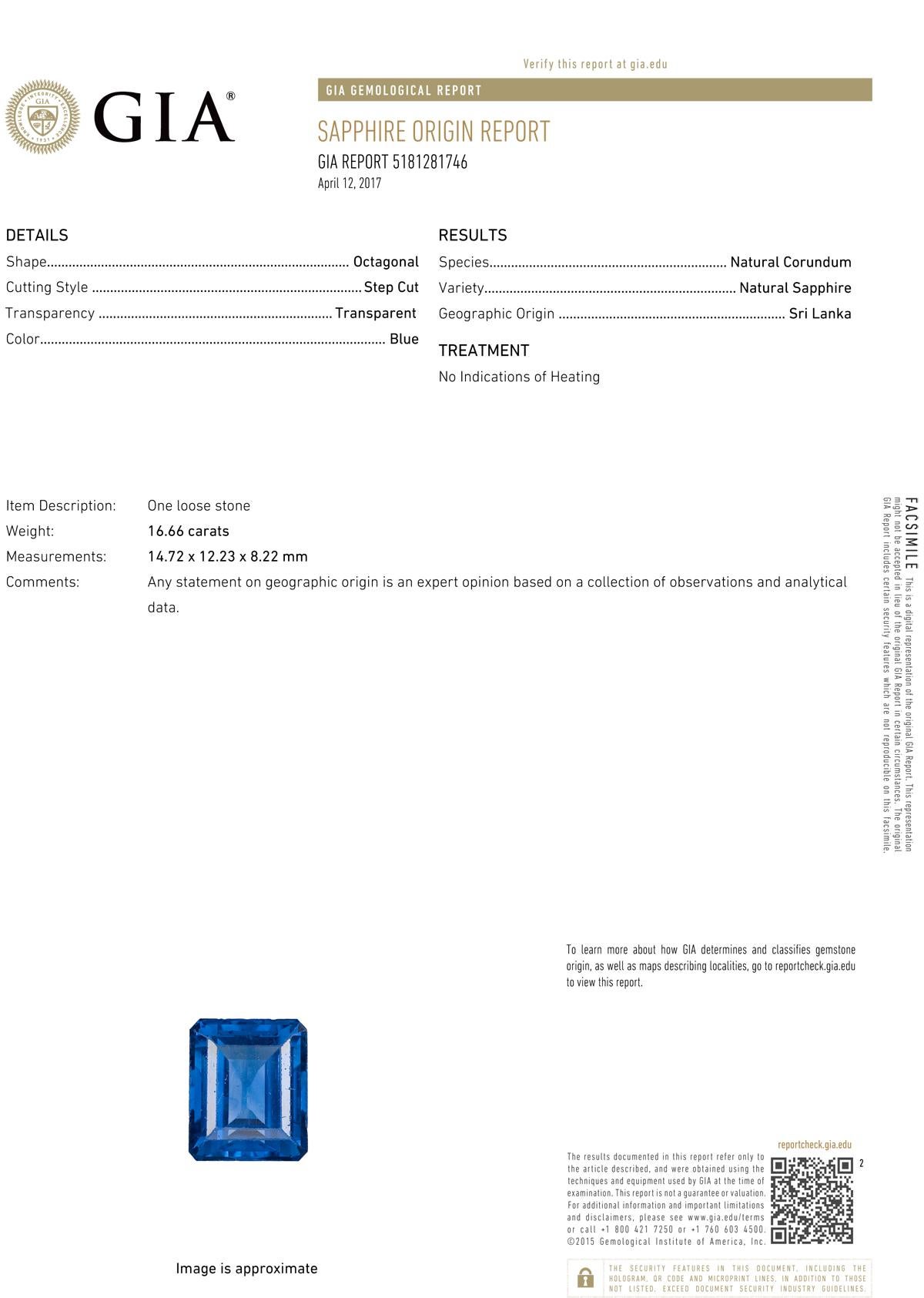 Sapphire solitaire ring, centering a very fine 15.99 carat natural emerald-cut sapphire, in polished platinum.

Accompanied by the GIA report numbered 5181281746, stating the sapphire has no indications of heat treatment (sapphire was recently