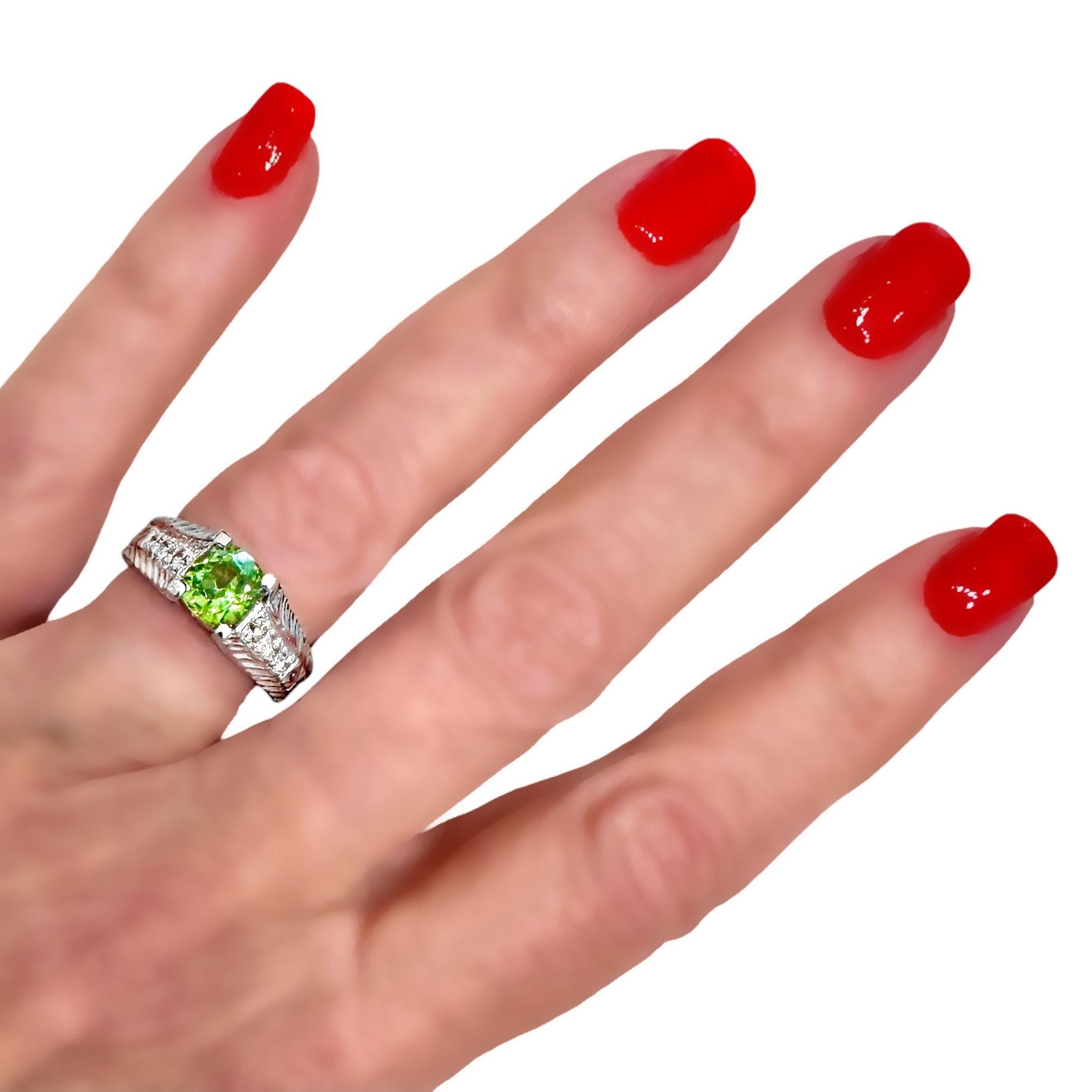 1.59Ct Cushion Cut Demantoid Garnet in an Engraved Platinum and Diamond Mounting For Sale 5